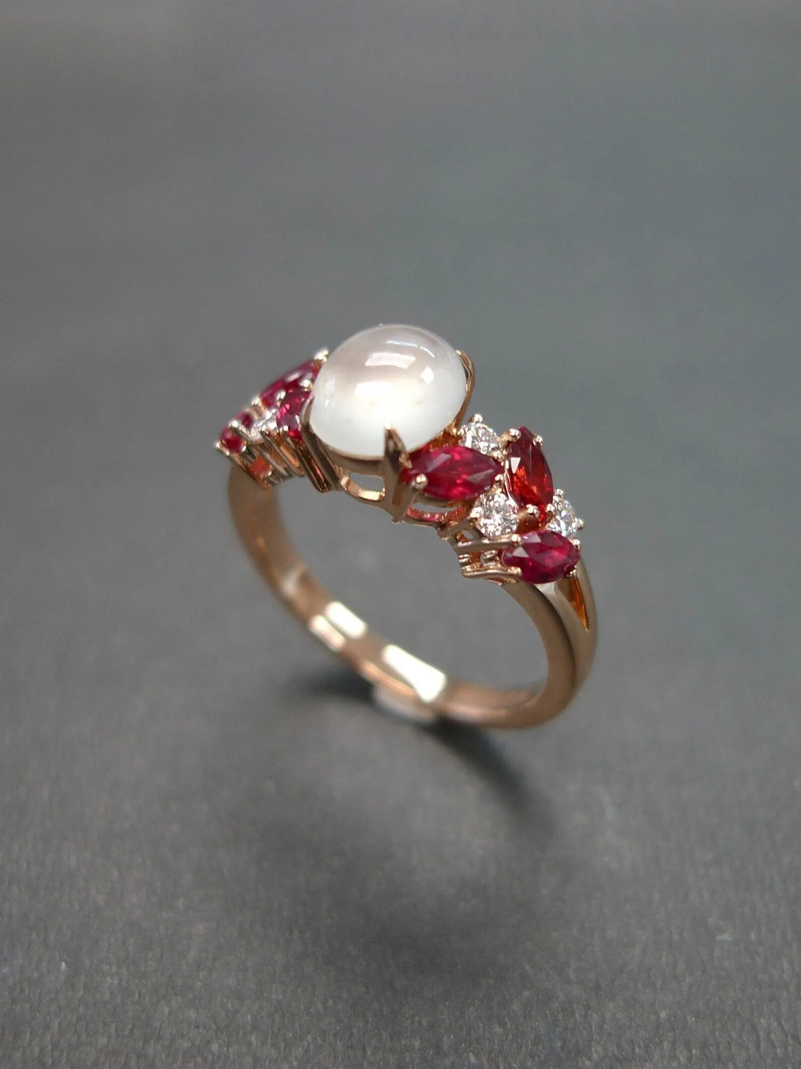 Certified Icy White Jade, Ruby and Diamond Ring in Rose Gold