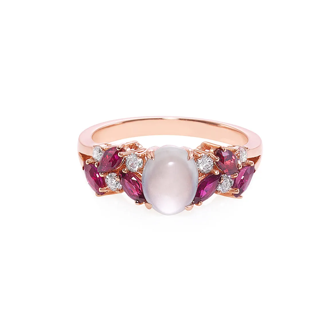 Certified Icy White Jade, Ruby and Diamond Ring in Rose Gold