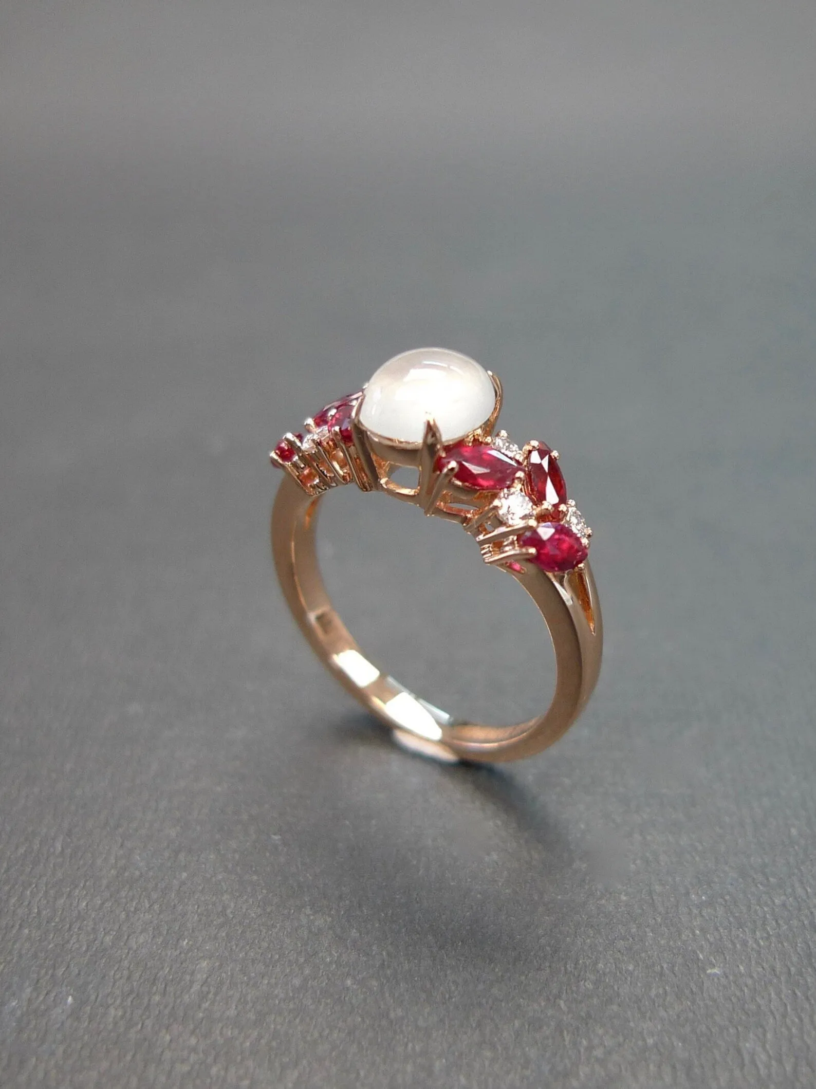 Certified Icy White Jade, Ruby and Diamond Ring in Rose Gold