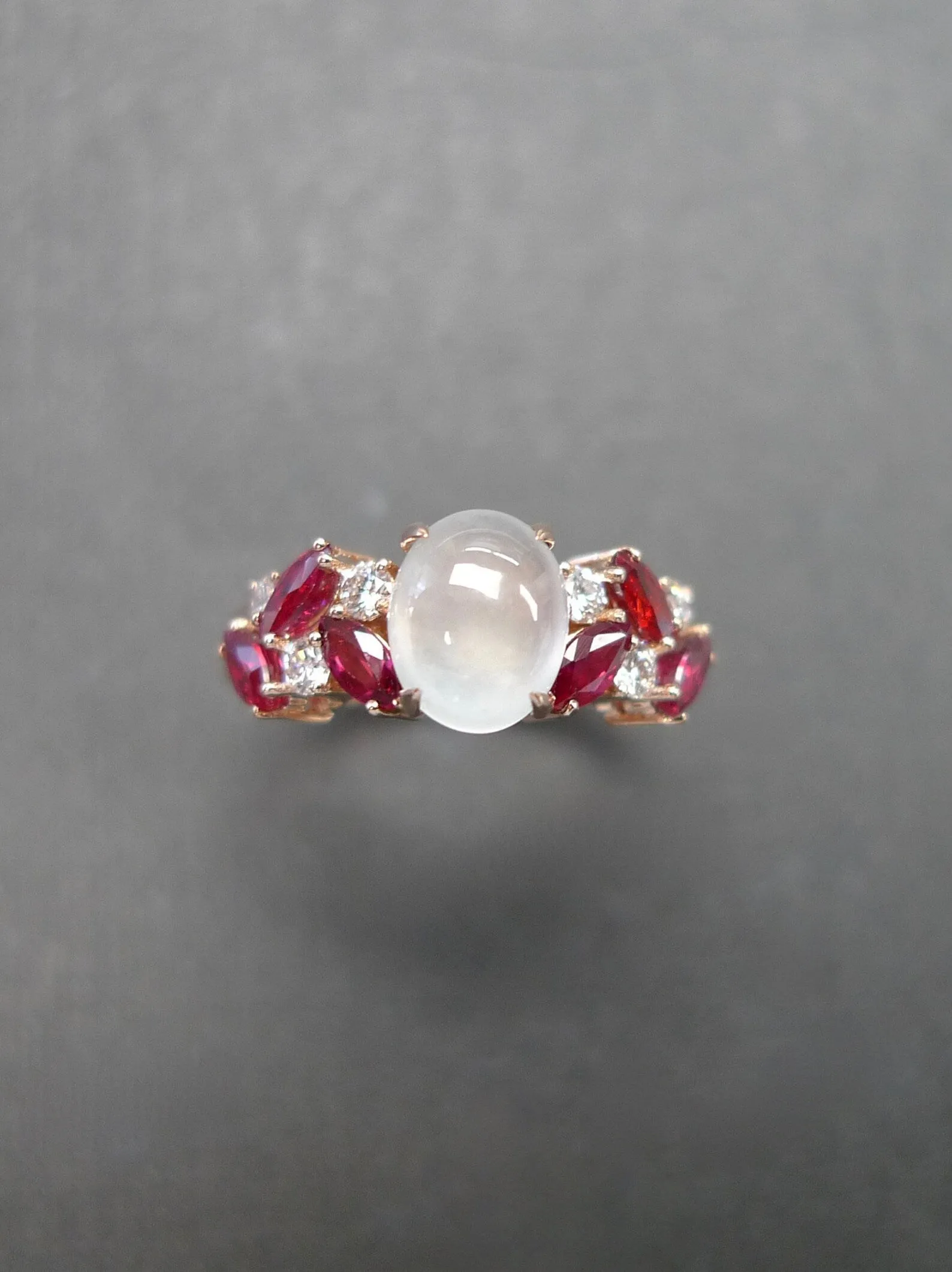 Certified Icy White Jade, Ruby and Diamond Ring in Rose Gold