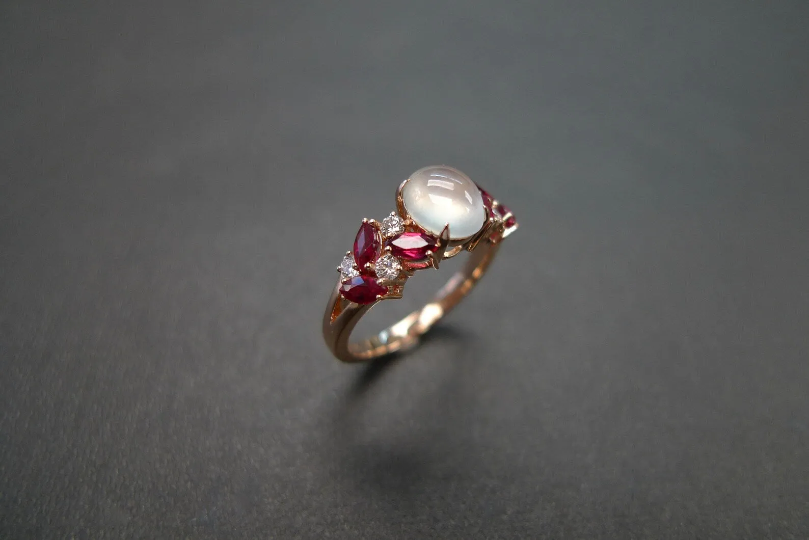 Certified Icy White Jade, Ruby and Diamond Ring in Rose Gold