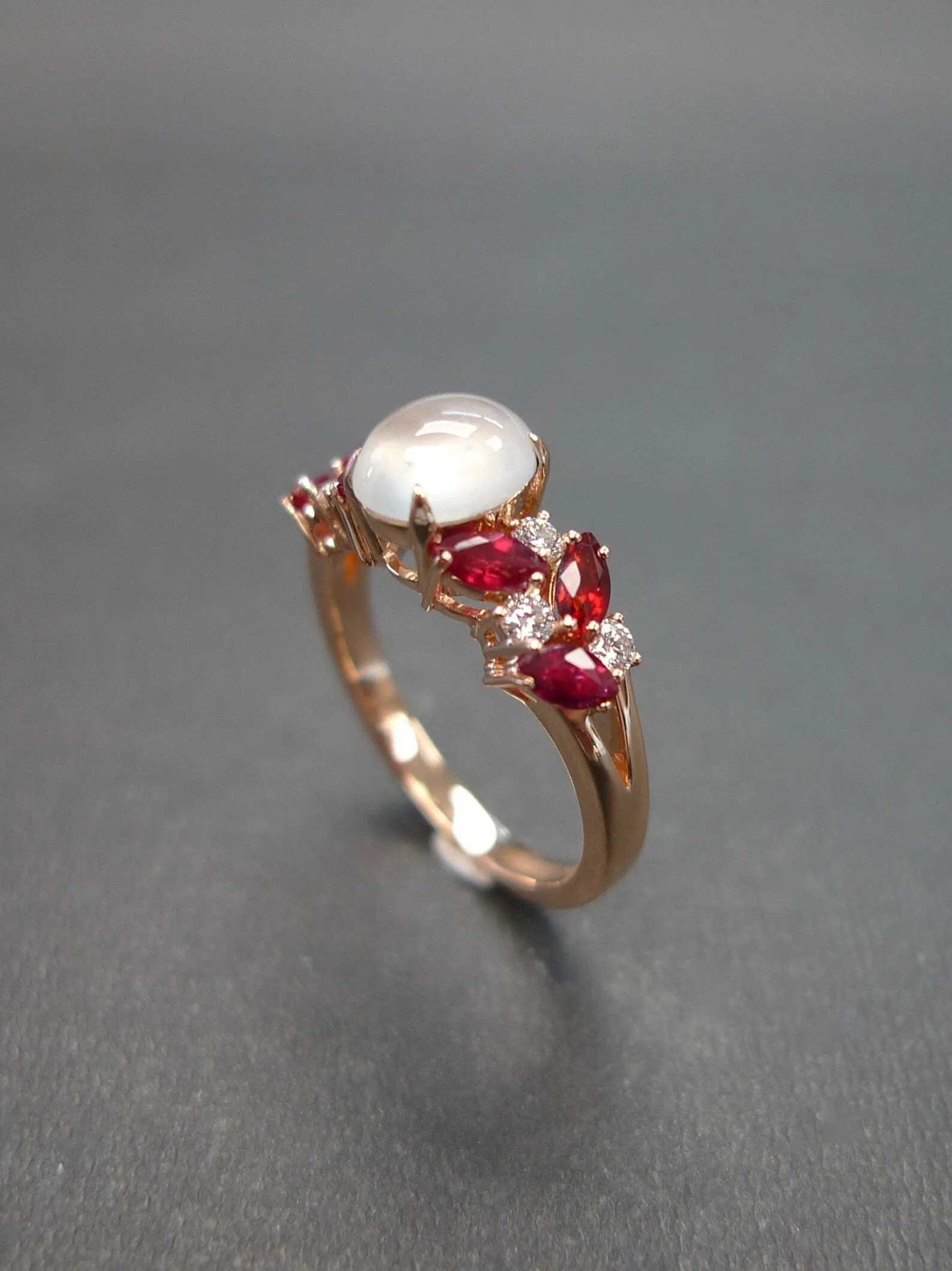 Certified Icy White Jade, Ruby and Diamond Ring in Rose Gold