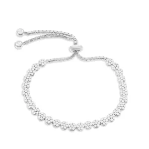 Cubic Zirconia Flower Design Bolo Bracelet - Sterling Silver