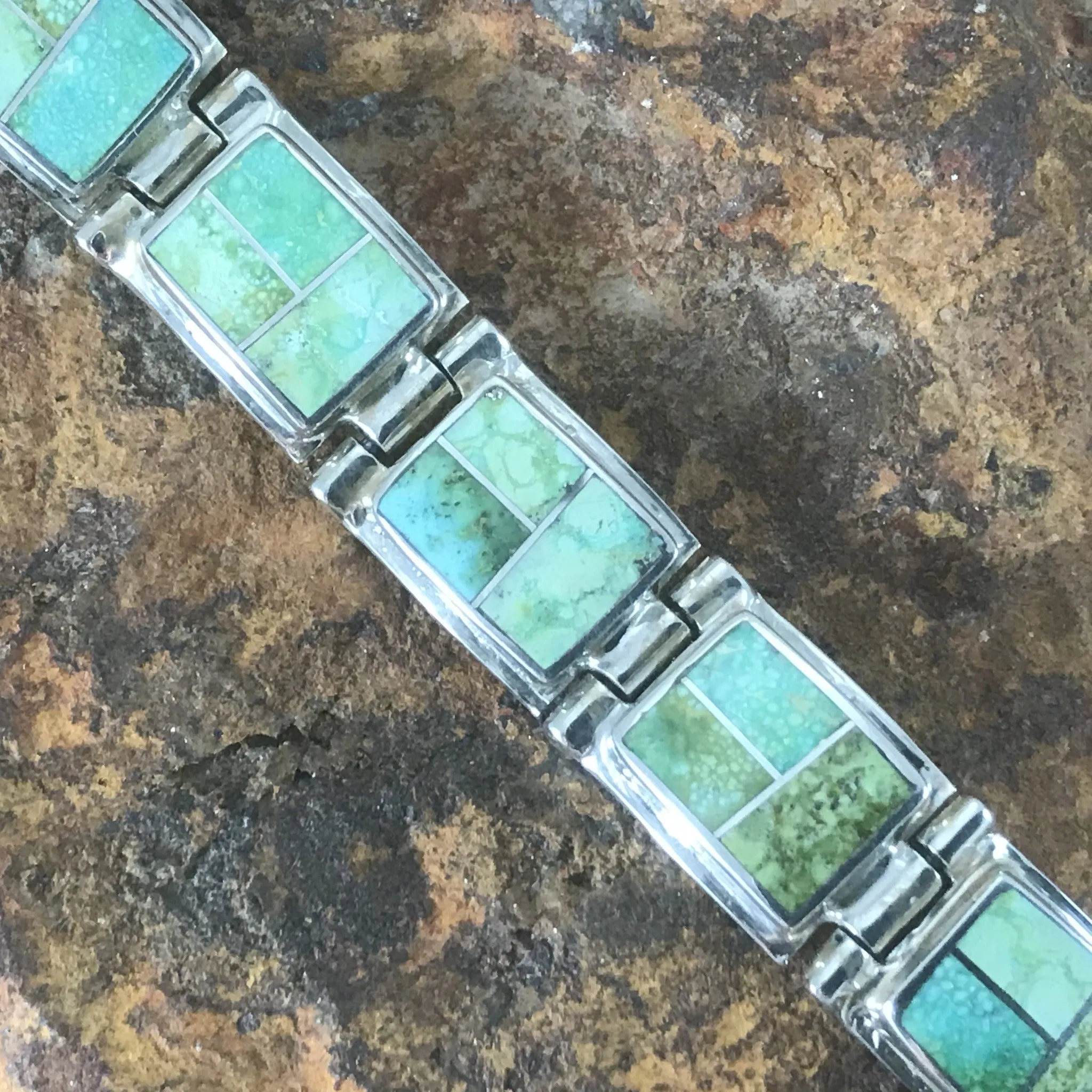 David Rosales Sonoran Gold Turquoise Inlaid Sterling Silver Link Bracelet