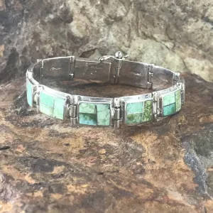 David Rosales Sonoran Gold Turquoise Inlaid Sterling Silver Link Bracelet