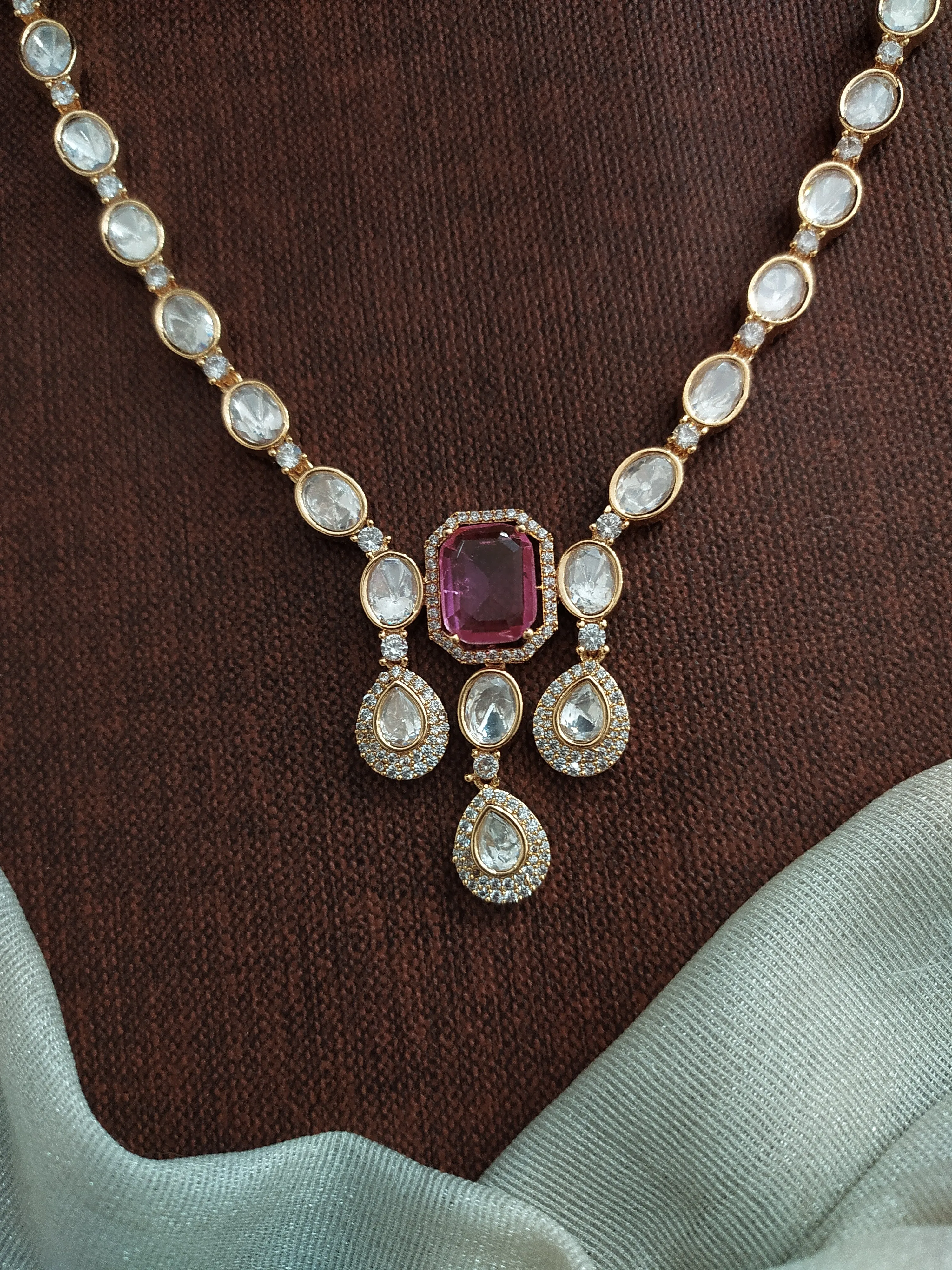 Designer Pendant Necklace Set in Pink with Uncut Diamond Stones