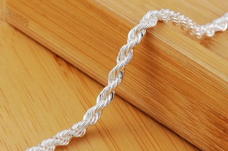 Fashion charm 925 Sterling Silver Bracelet for man woman 4MM Twisted rope chain fine jewelry Wedding party Christmas gift