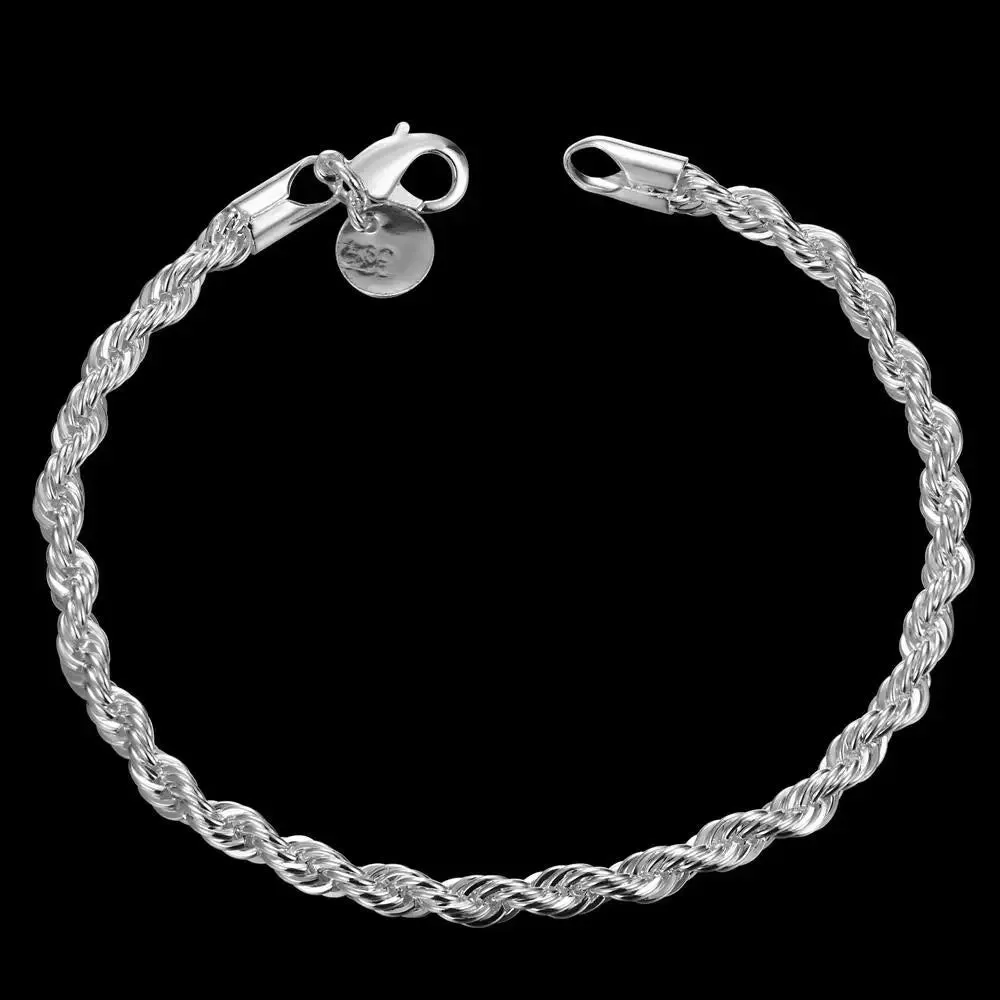 Fashion charm 925 Sterling Silver Bracelet for man woman 4MM Twisted rope chain fine jewelry Wedding party Christmas gift