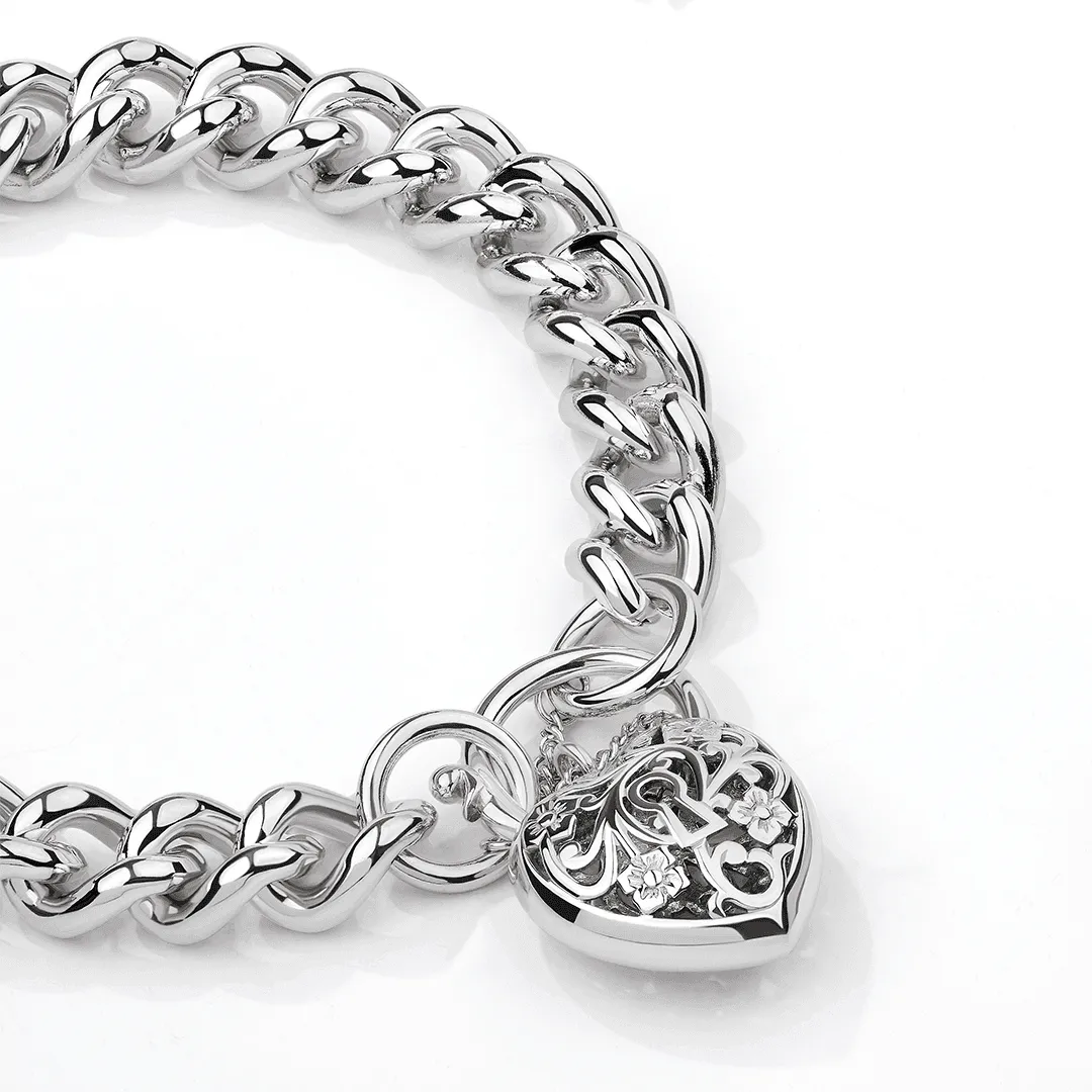 Filigree Heart Padlock Bracelet in Sterling Silver