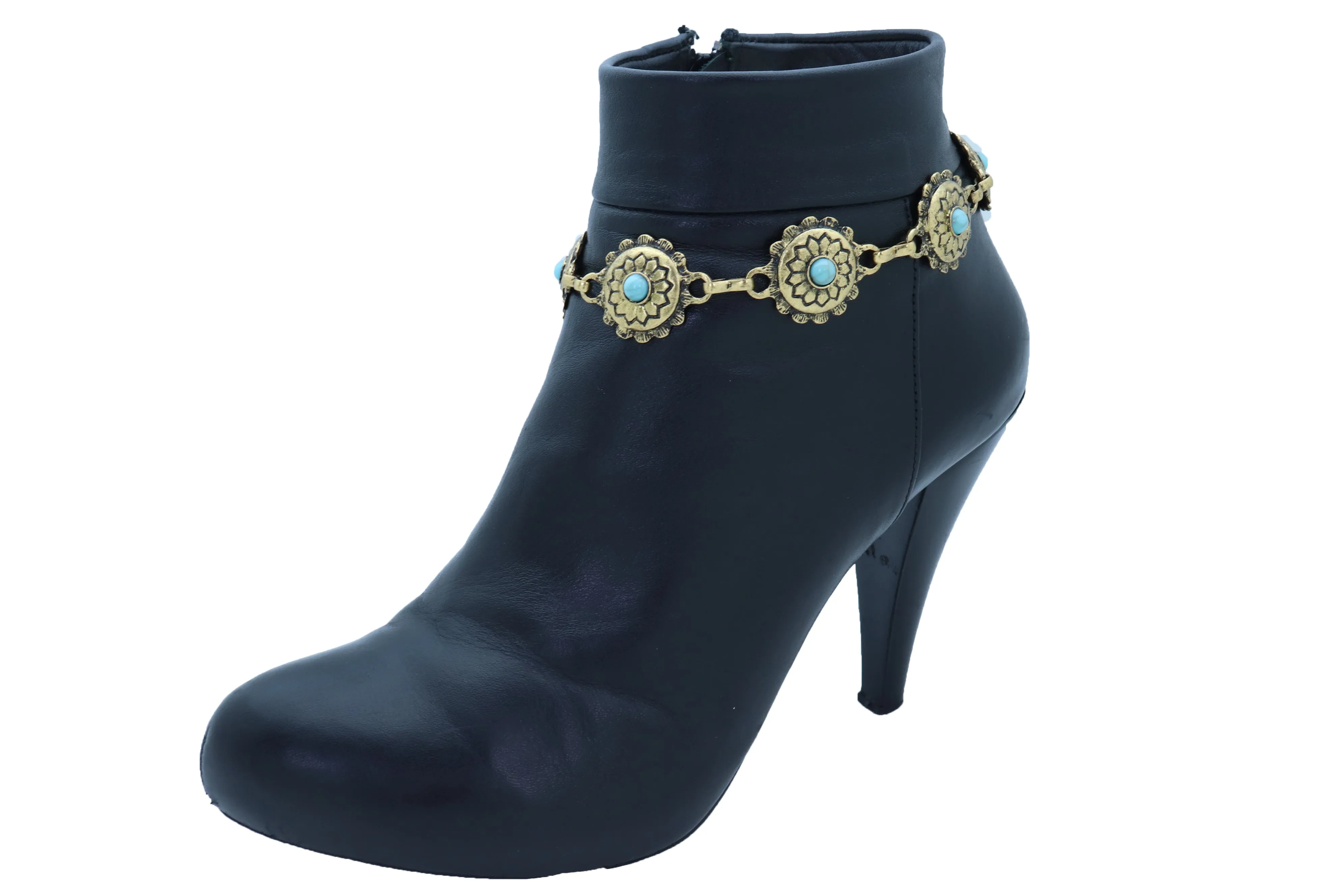 Gold Antique Gold Metal Boot Chain Shoe Turquoise Blue Flower