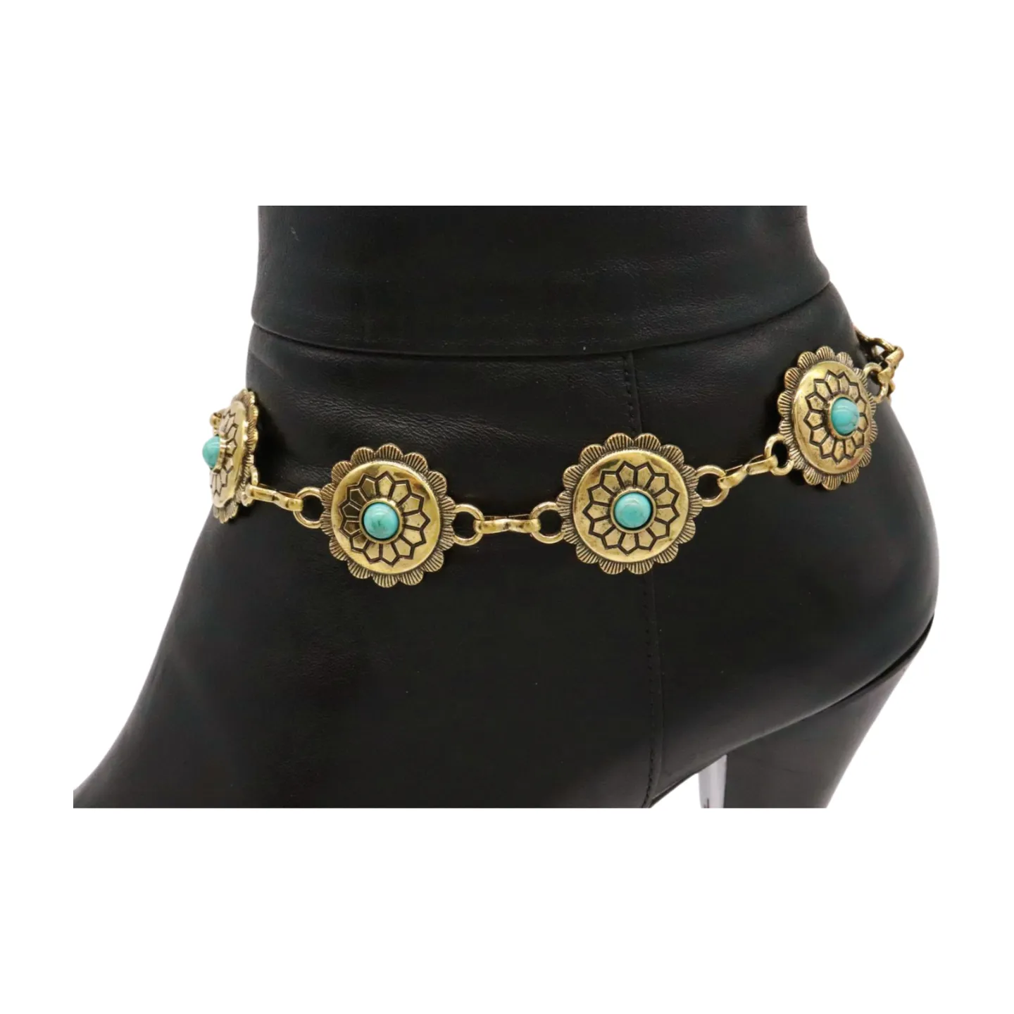 Gold Antique Gold Metal Boot Chain Shoe Turquoise Blue Flower