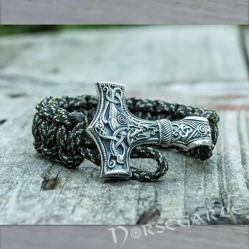 Handcrafted Gravel Paracord Bracelet with Large Mjölnir - Sterling Silver