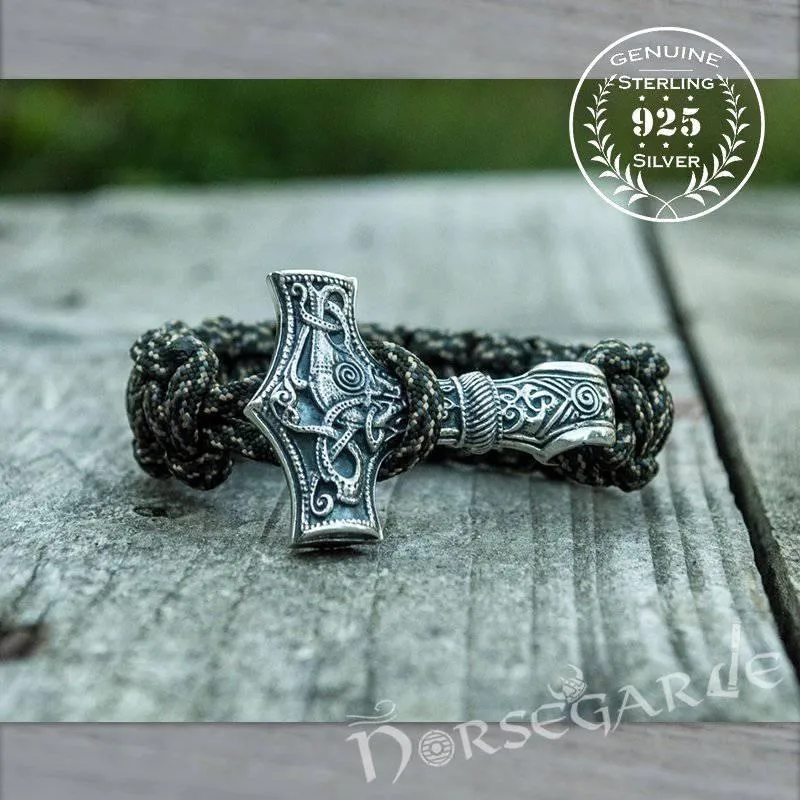 Handcrafted Gravel Paracord Bracelet with Large Mjölnir - Sterling Silver