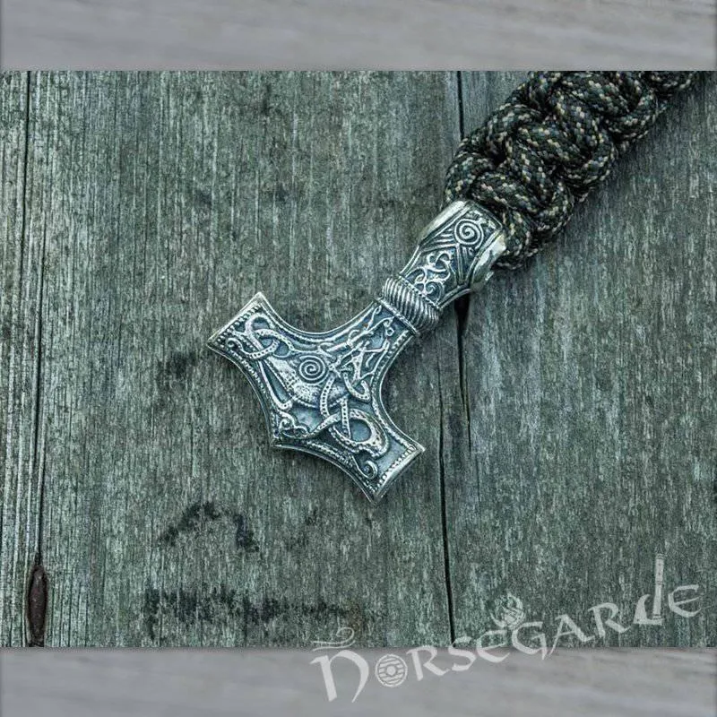 Handcrafted Gravel Paracord Bracelet with Large Mjölnir - Sterling Silver