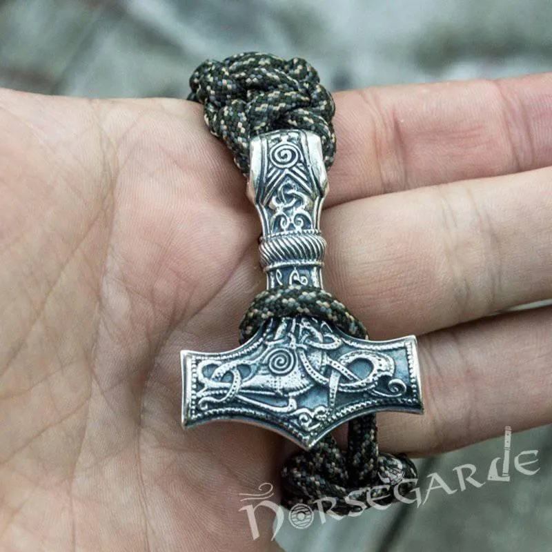 Handcrafted Gravel Paracord Bracelet with Large Mjölnir - Sterling Silver