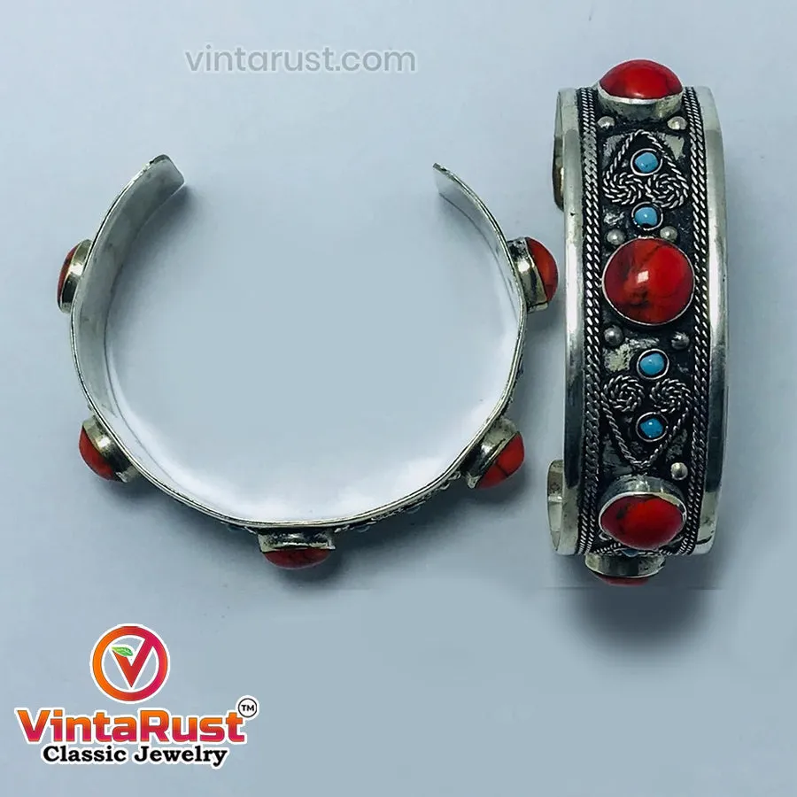 Handmade Cuff Bracelet inlaid with Stones and Beads