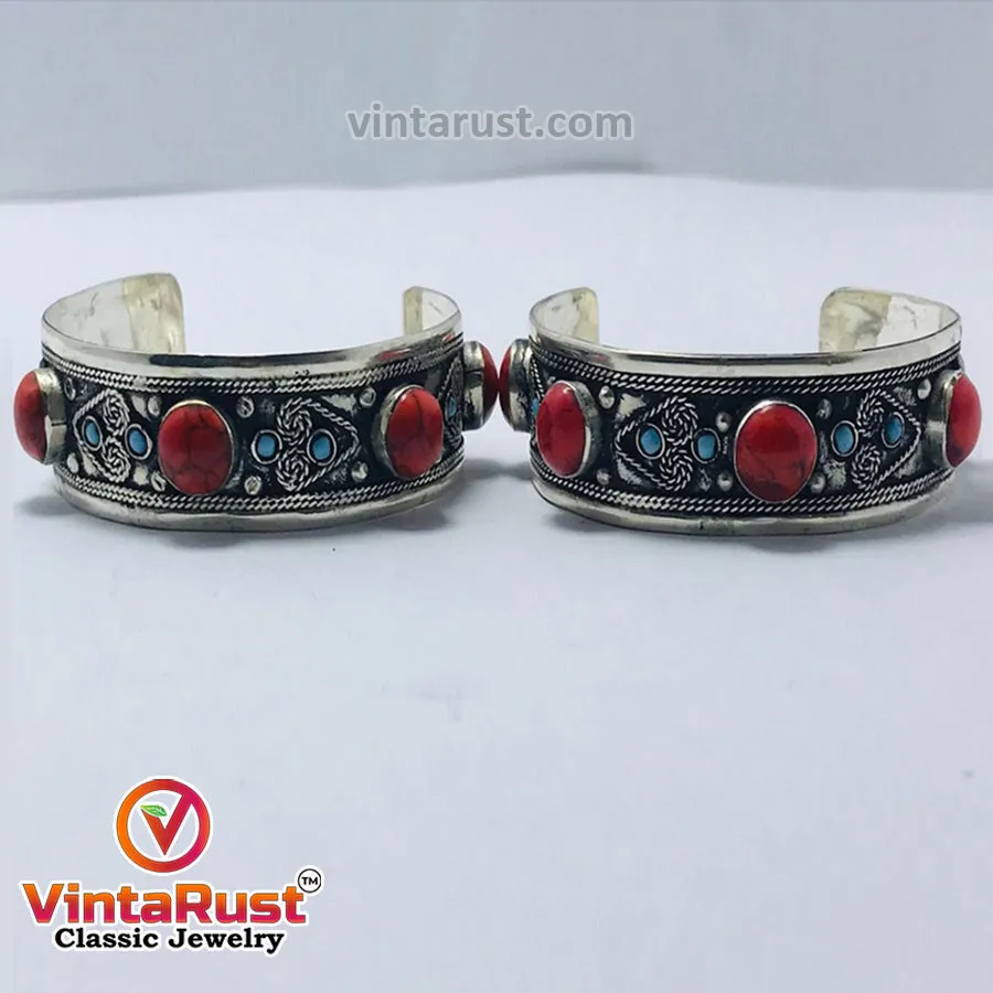 Handmade Cuff Bracelet inlaid with Stones and Beads