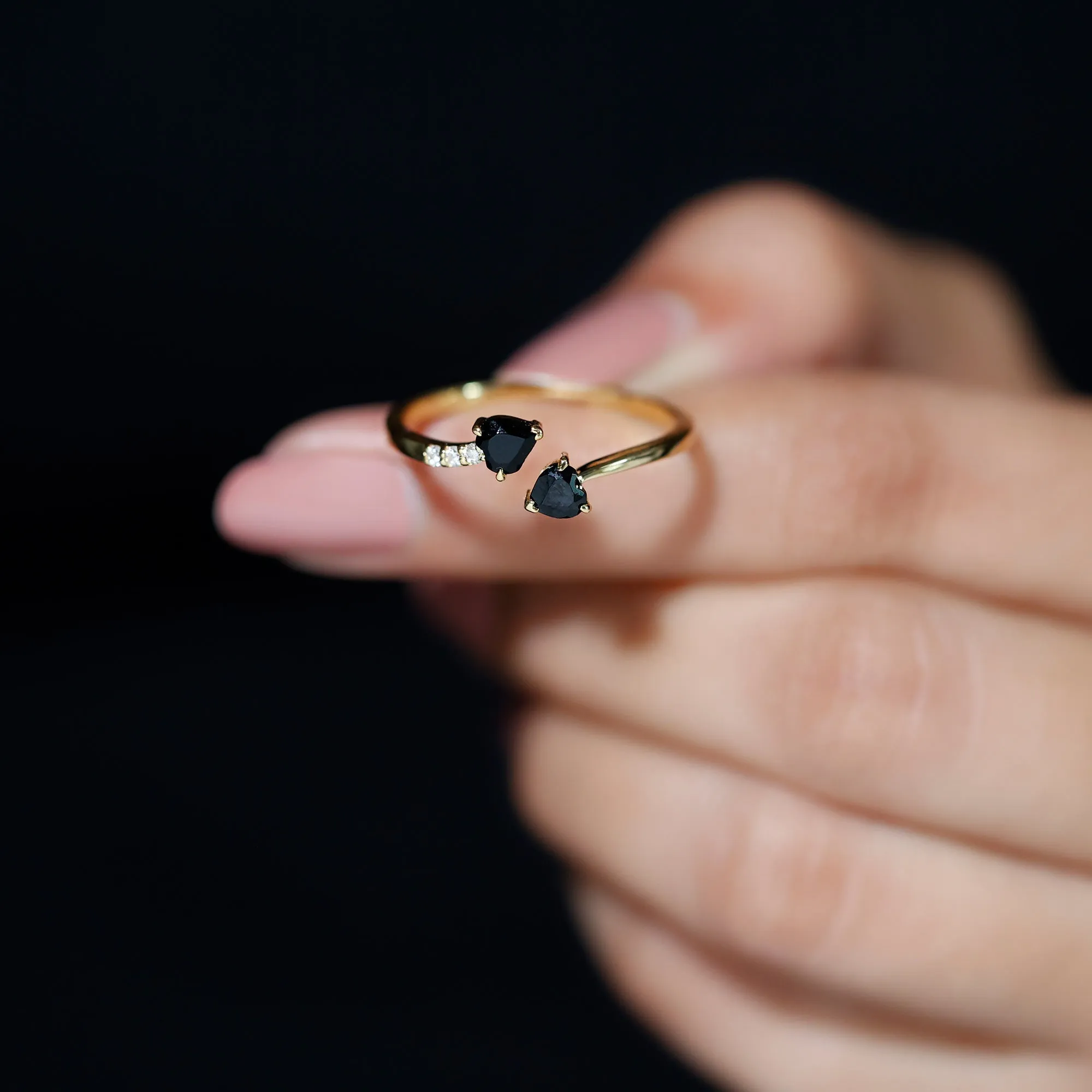 Heart Shape Black Onyx Two Stone Wrap Ring with Diamond