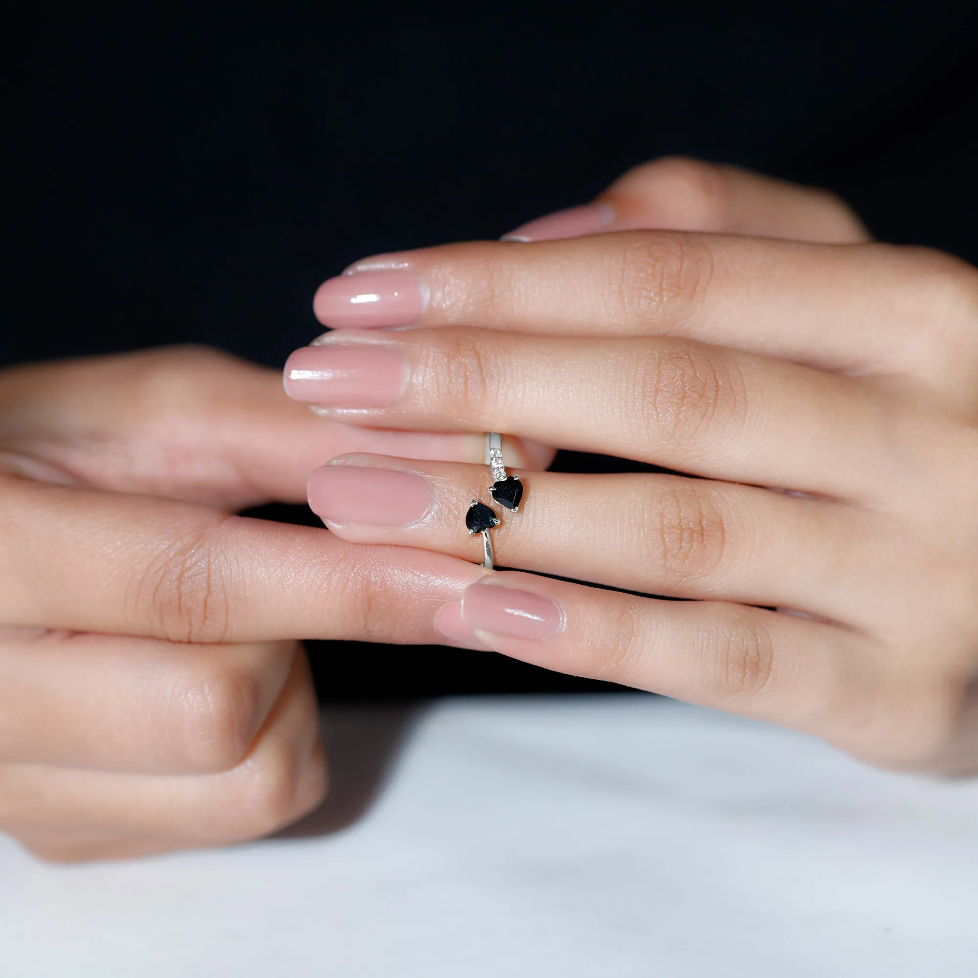 Heart Shape Black Onyx Two Stone Wrap Ring with Diamond