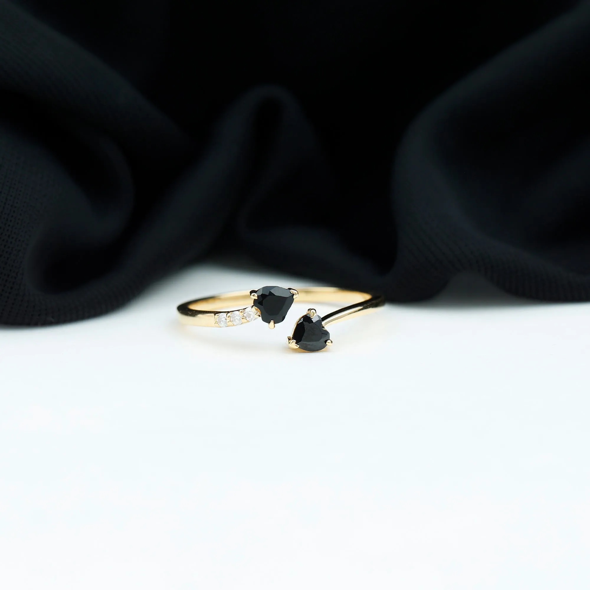 Heart Shape Black Onyx Two Stone Wrap Ring with Diamond