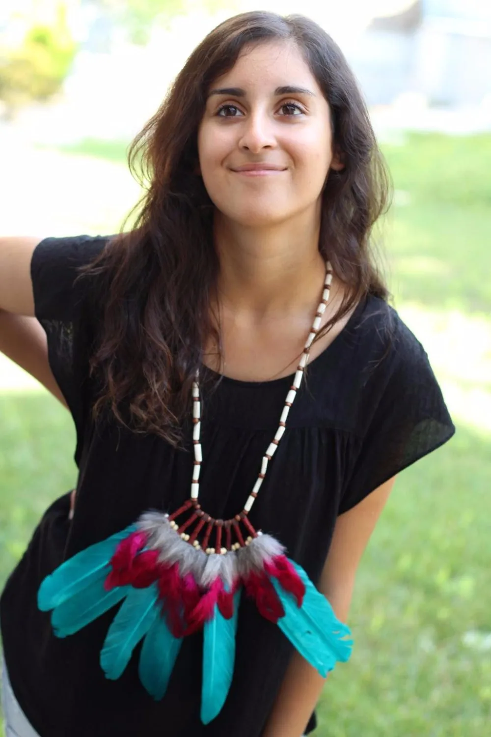 Indian Green and fuchsia Feather Necklace