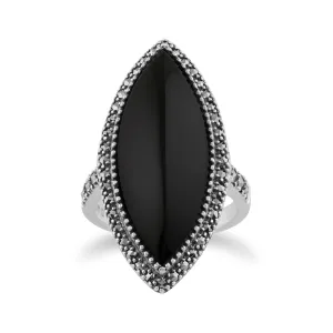 Kunst Deko Ring, 925 Sterlingsilber 12.5ct Kt schwarzer Onyx & Markasit Statement Ring