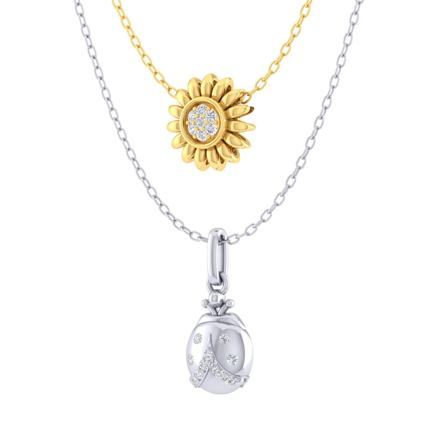 LadyBug and SunFlower Layered 1/10 Cttw Natural Diamond Pendant Necklace set in 925 Sterling (Silver & Yellow Gold)…