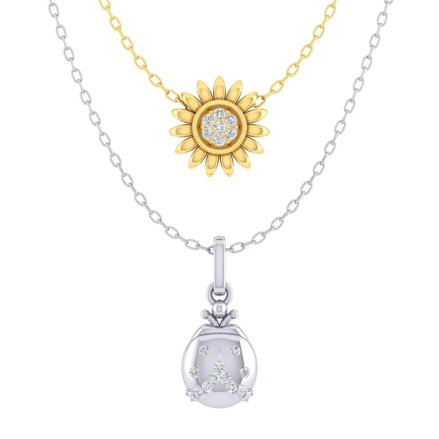 LadyBug and SunFlower Layered 1/10 Cttw Natural Diamond Pendant Necklace set in 925 Sterling (Silver & Yellow Gold)…