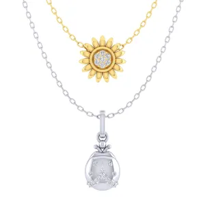 LadyBug and SunFlower Layered 1/10 Cttw Natural Diamond Pendant Necklace set in 925 Sterling (Silver & Yellow Gold)…