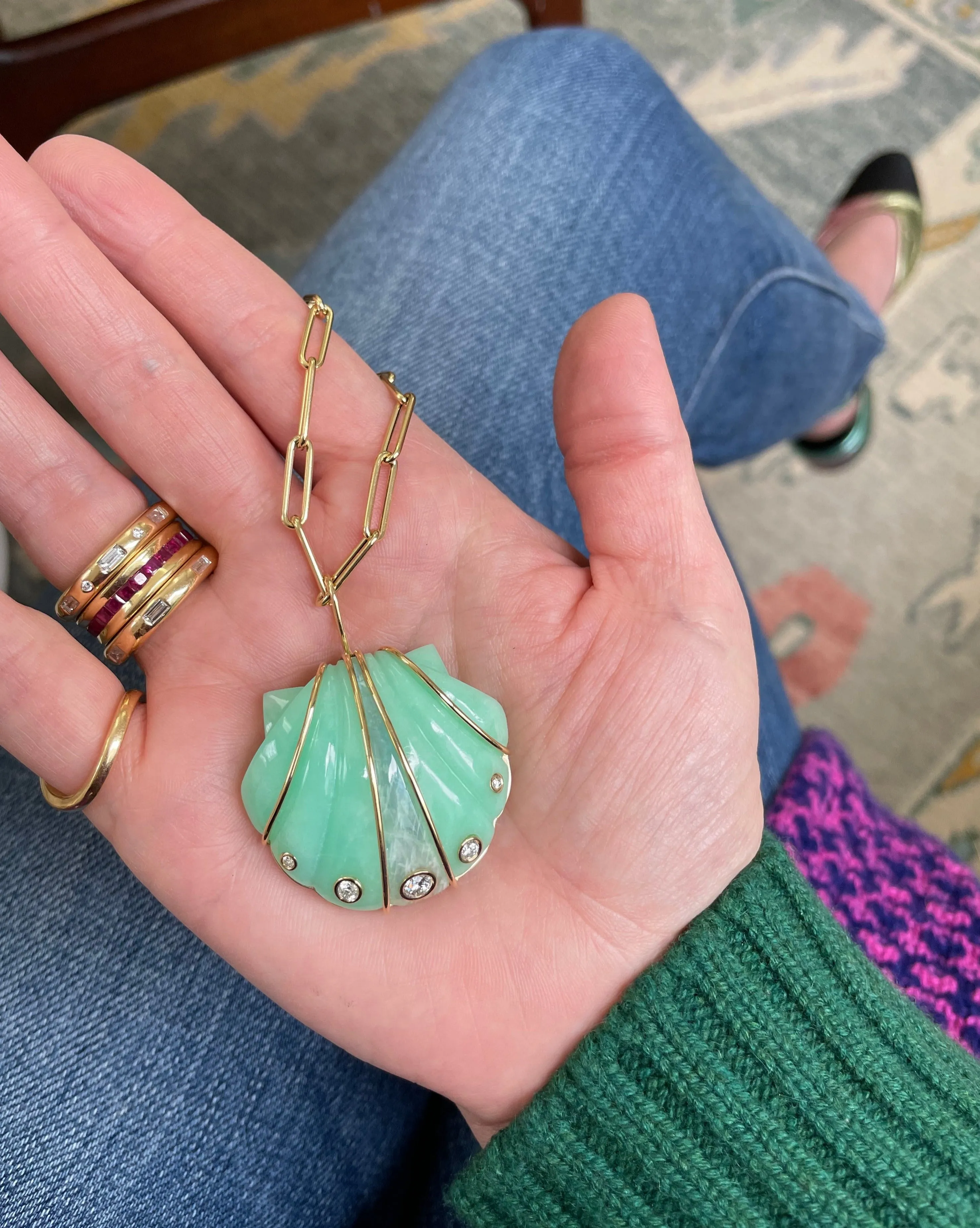 Large Stone Shell Pendant with Chrysoprase & Moonstone