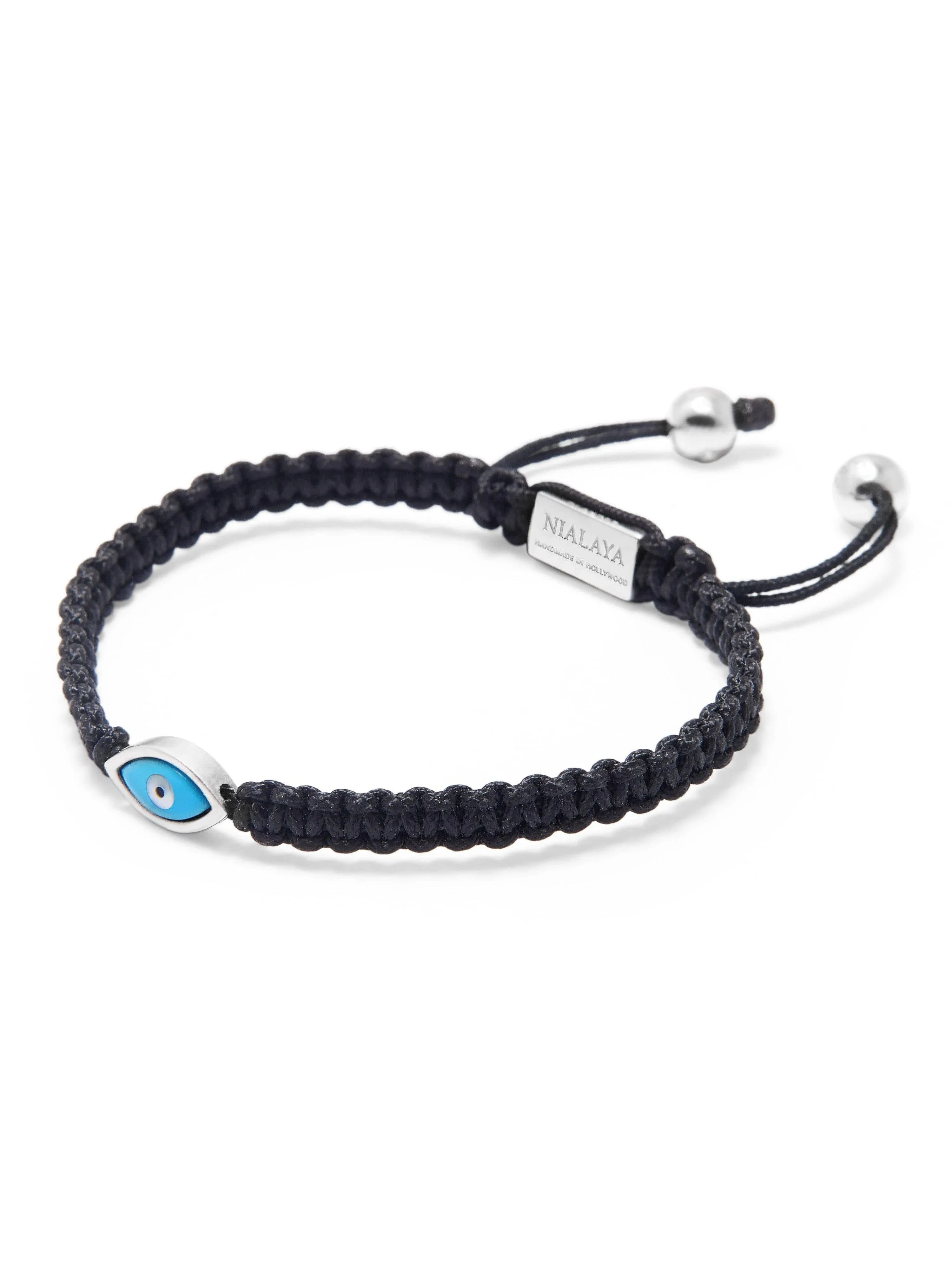 Men's Black String Bracelet with Silver Evil Eye