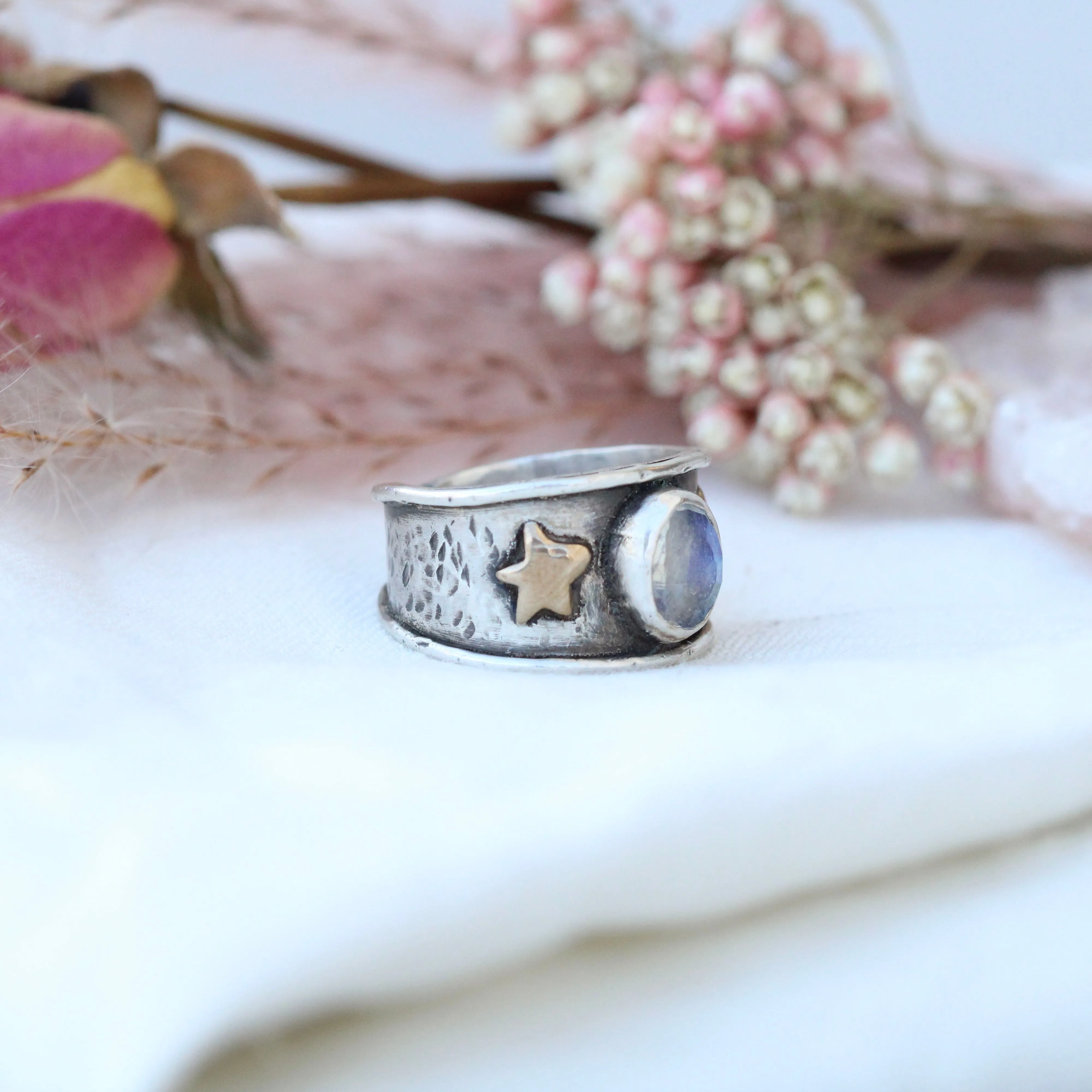 Moonstone sterling silver ring with stars