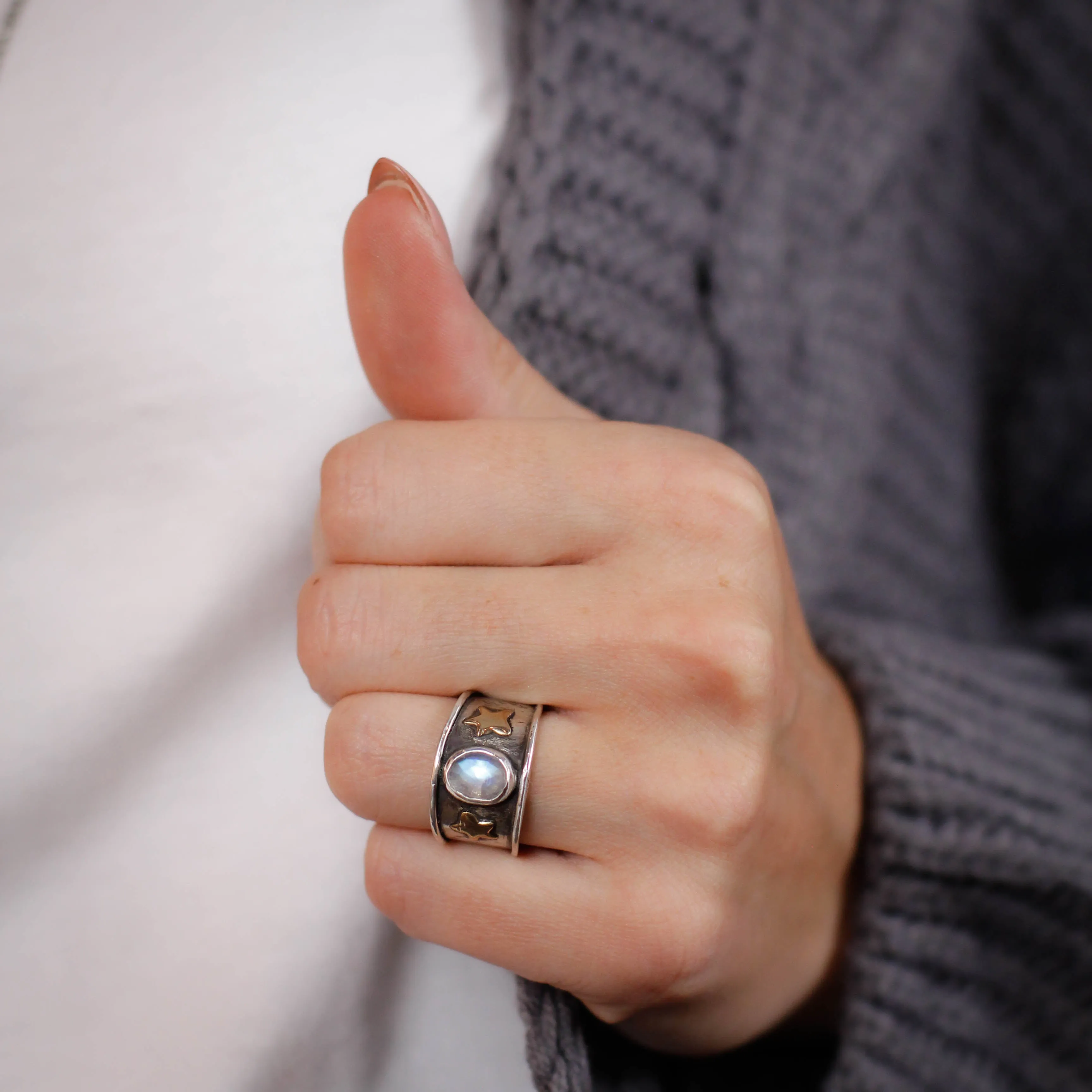 Moonstone sterling silver ring with stars