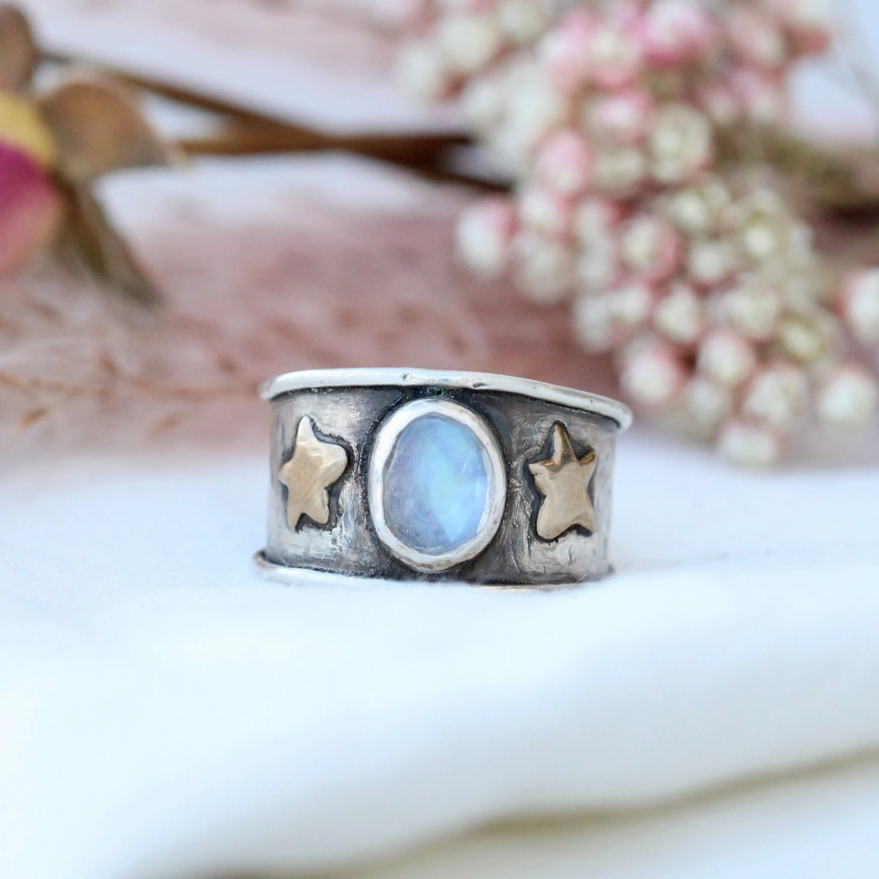 Moonstone sterling silver ring with stars