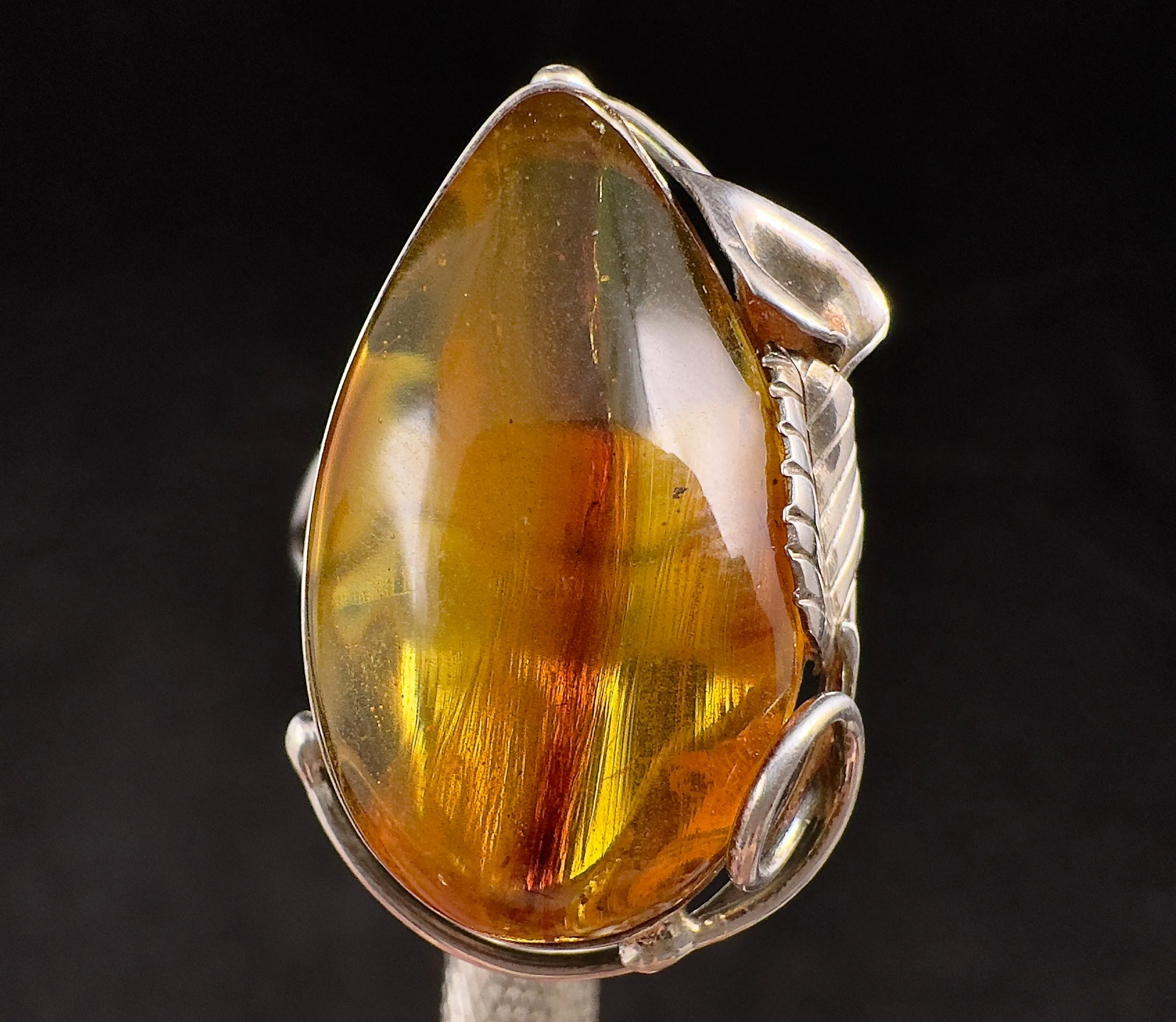 Natural AMBER Ring - Adjustable - Genuine Sterling Silver Ring with a Polished AMBER Center Stone, 53761