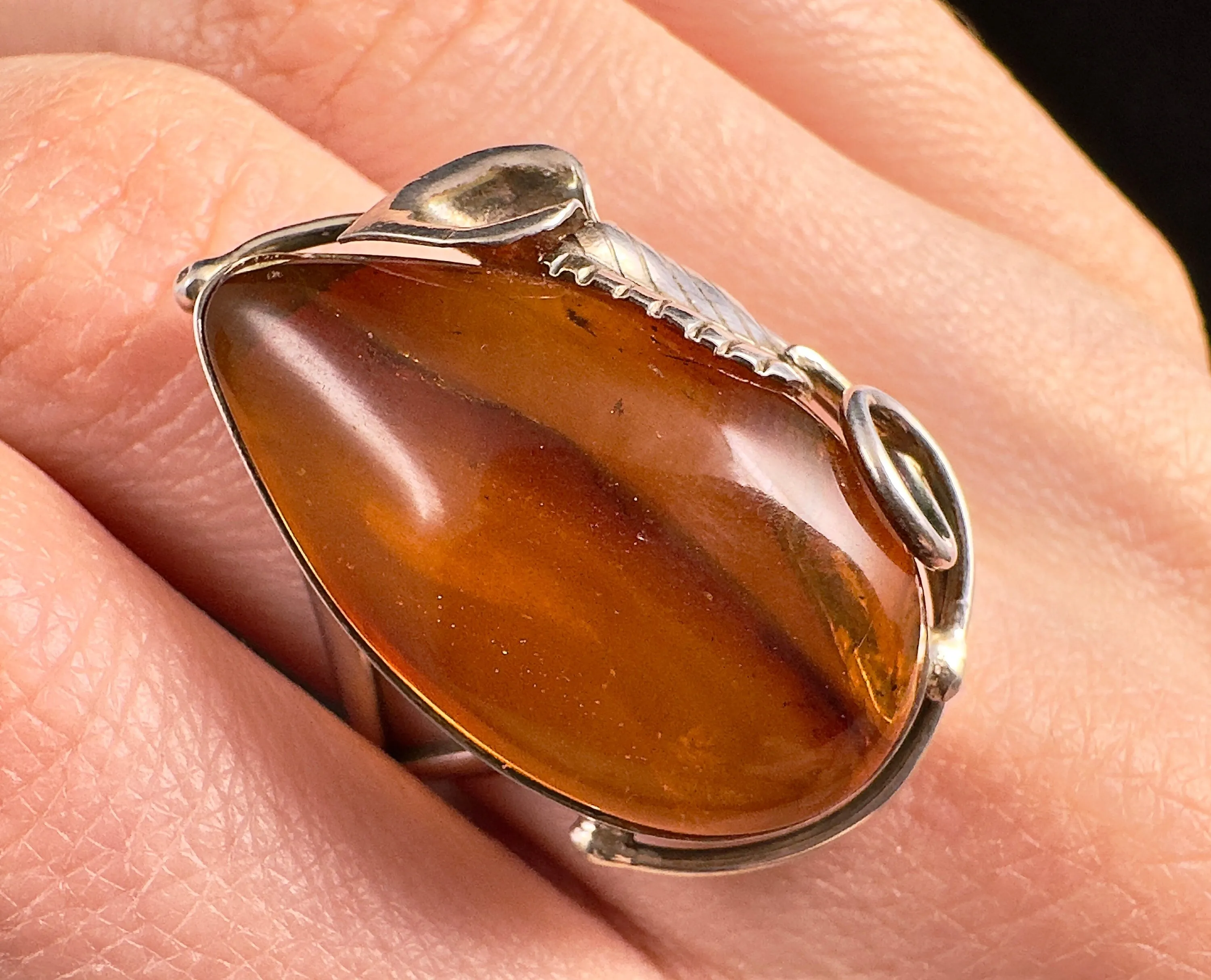 Natural AMBER Ring - Adjustable - Genuine Sterling Silver Ring with a Polished AMBER Center Stone, 53761