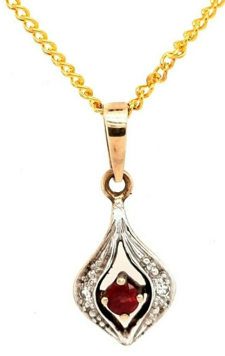 Natural Ruby & Diamond 9ct Yellow Gold Pendant Fine Gemstone Jewellery