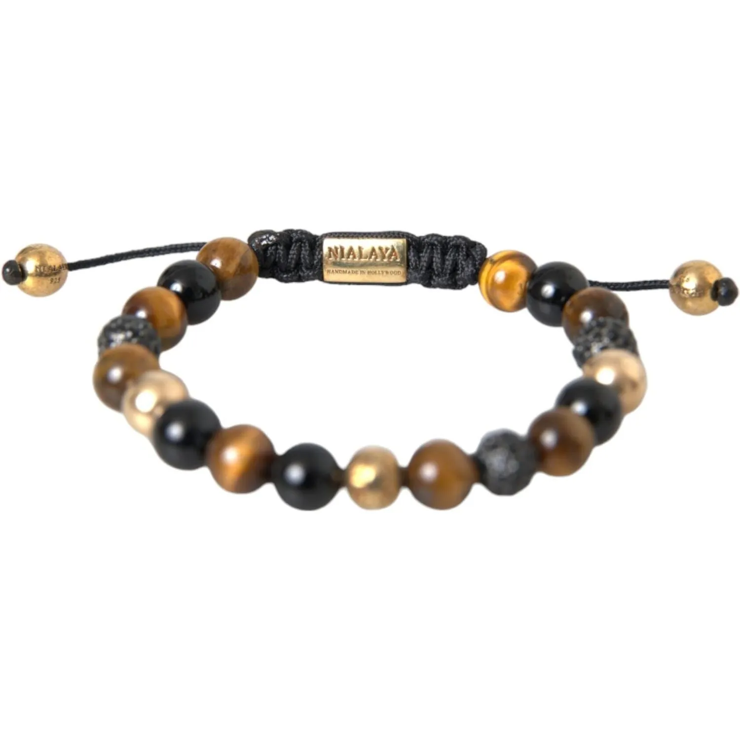 Nialaya CZ Ball Tiger Eye Stone Copper Beaded Men Bracelet