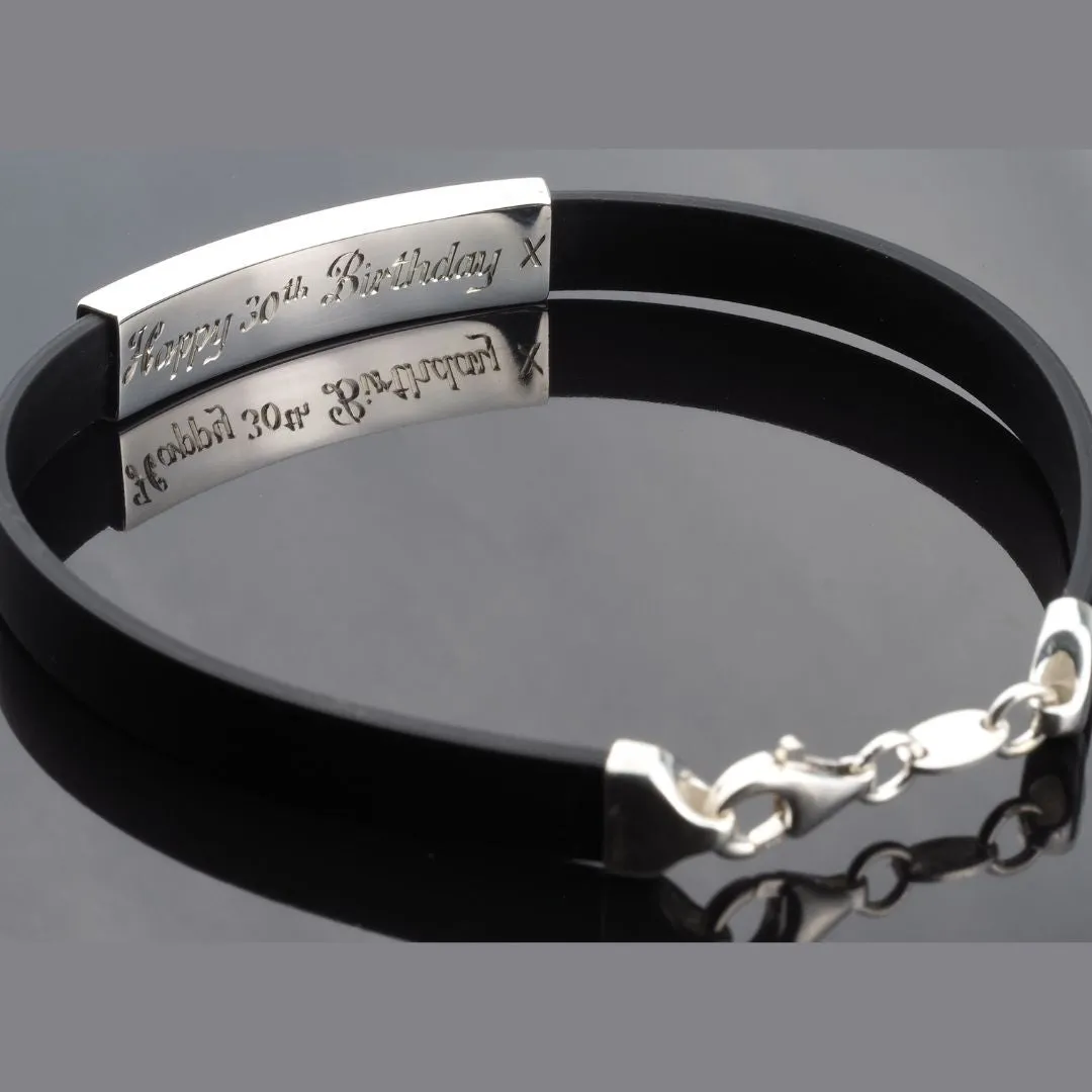 Personalised Sterling Silver Black Rubber Id Bracelet Hand Engraved