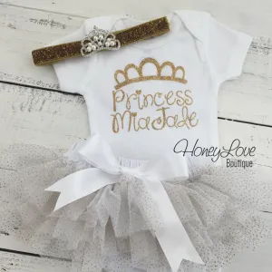 Personalized Princess name outfit - Gold Glitter and Gold/White tutu skirt bloomers