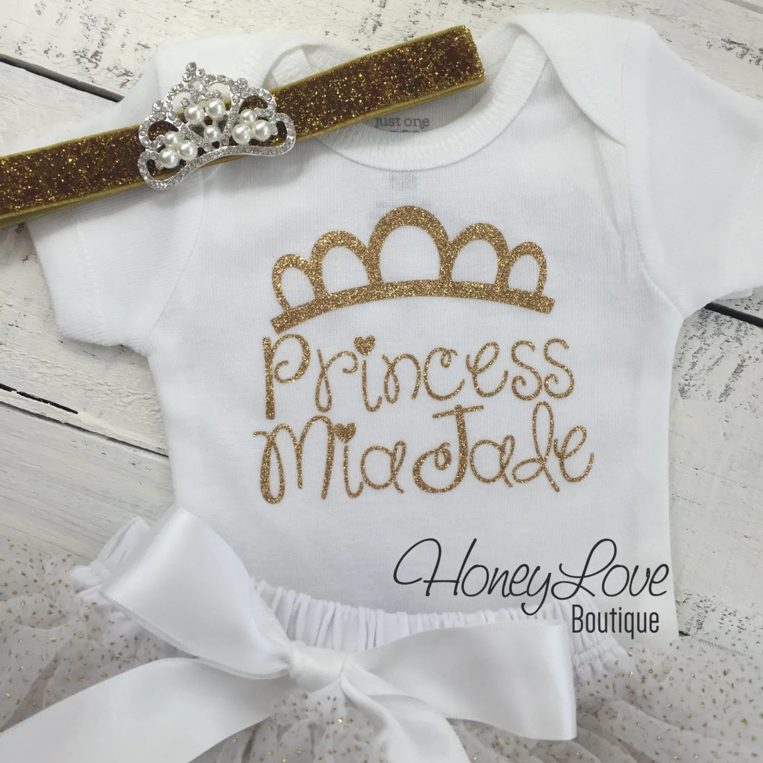 Personalized Princess name outfit - Gold Glitter and Gold/White tutu skirt bloomers