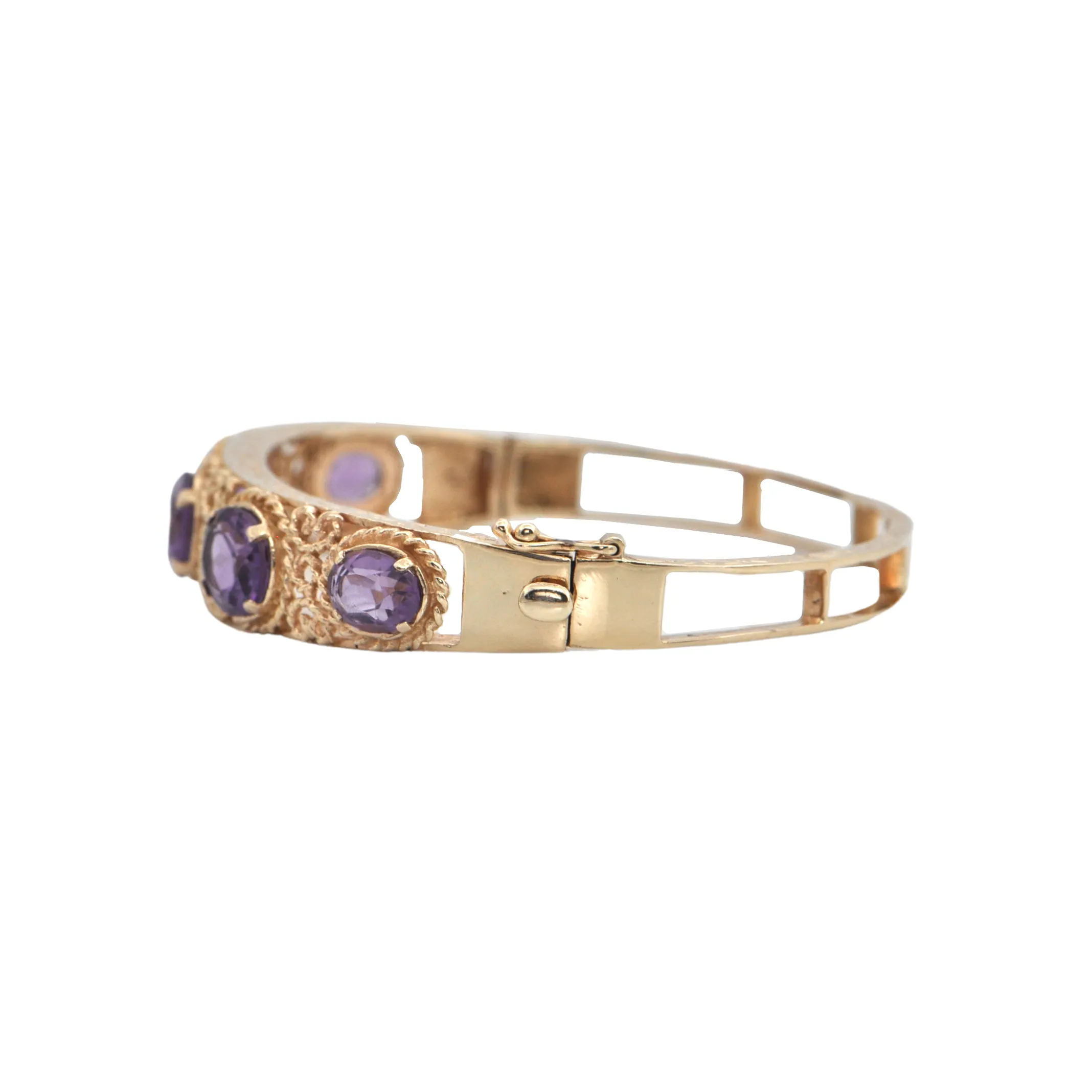 Retro Amethyst 14k Gold Hinged Bangle Bracelet