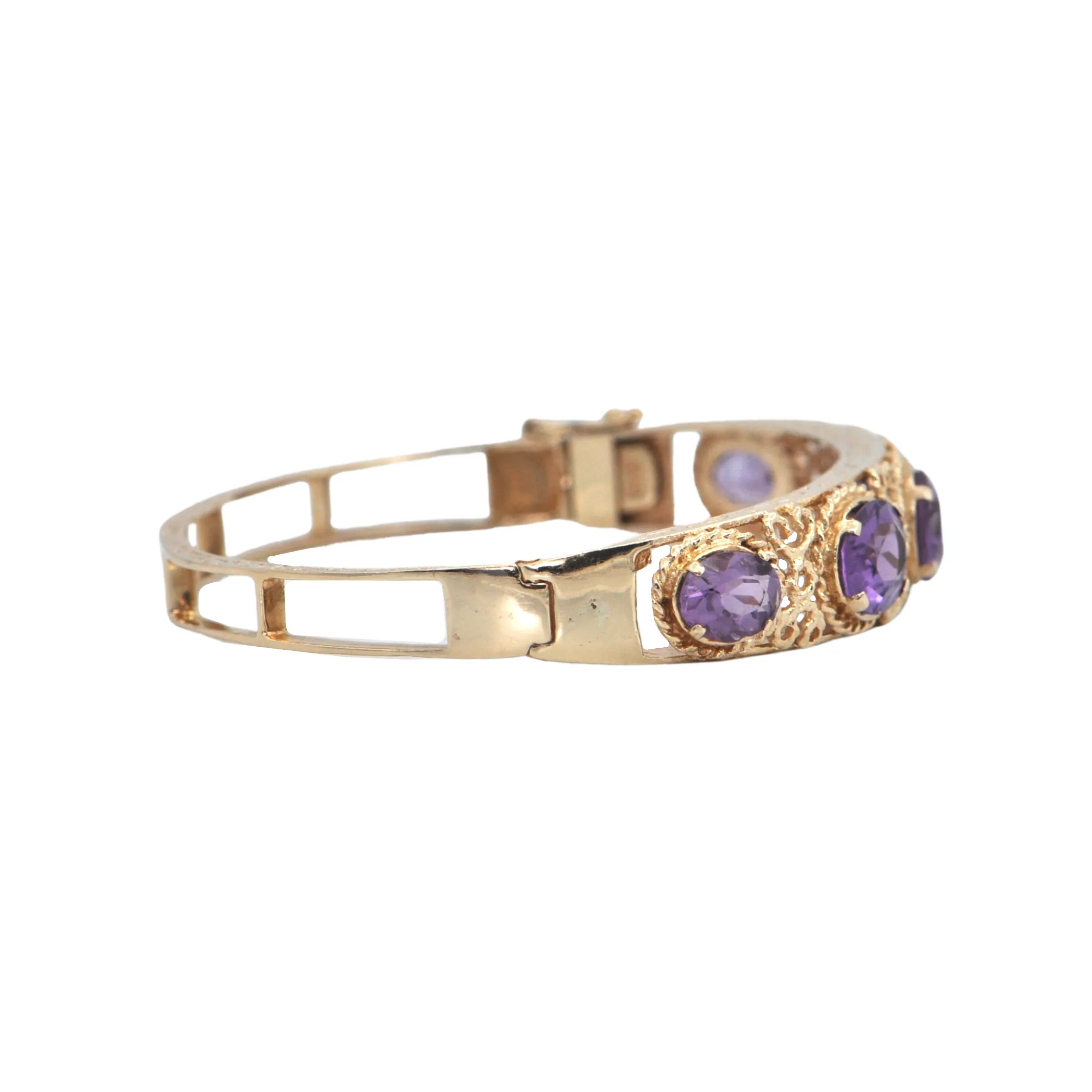 Retro Amethyst 14k Gold Hinged Bangle Bracelet