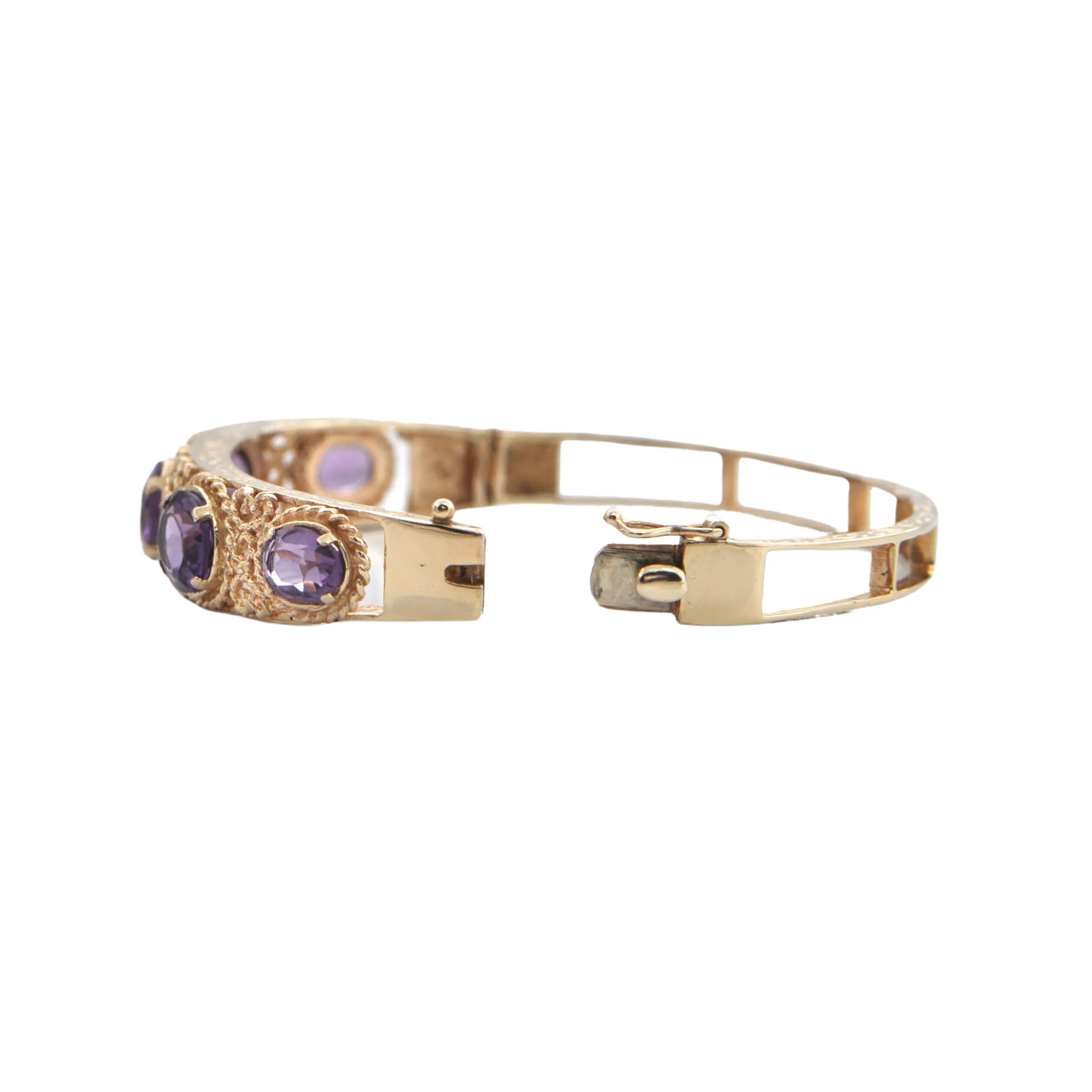 Retro Amethyst 14k Gold Hinged Bangle Bracelet