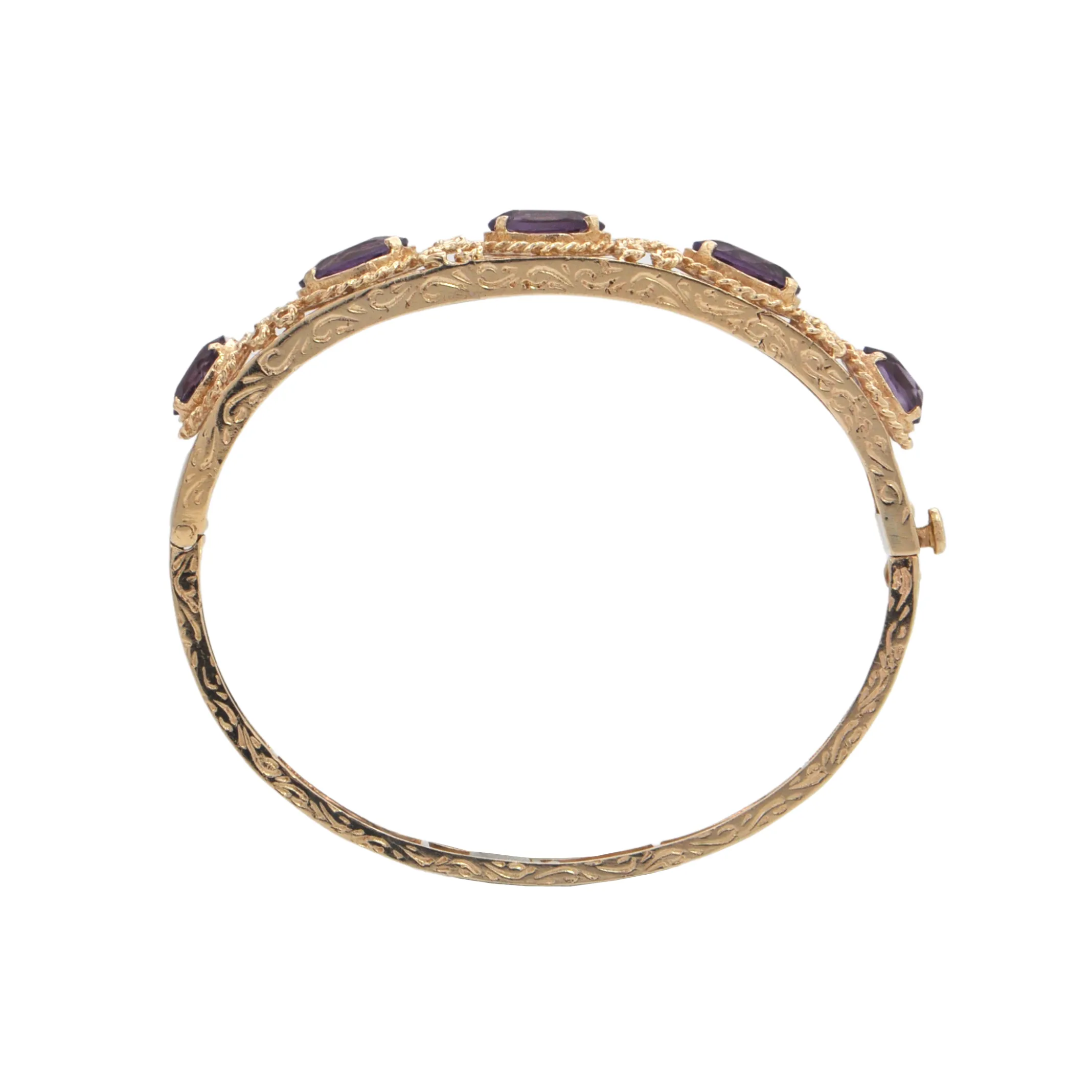 Retro Amethyst 14k Gold Hinged Bangle Bracelet