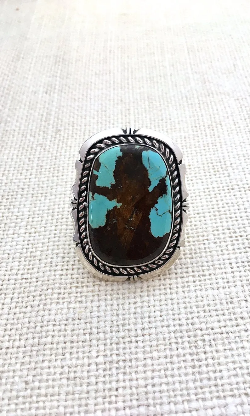 RING It ON Navajo ES Large Statement Sterling Silver and Turquoise Ring, Size 8