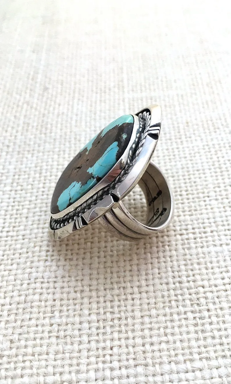 RING It ON Navajo ES Large Statement Sterling Silver and Turquoise Ring, Size 8