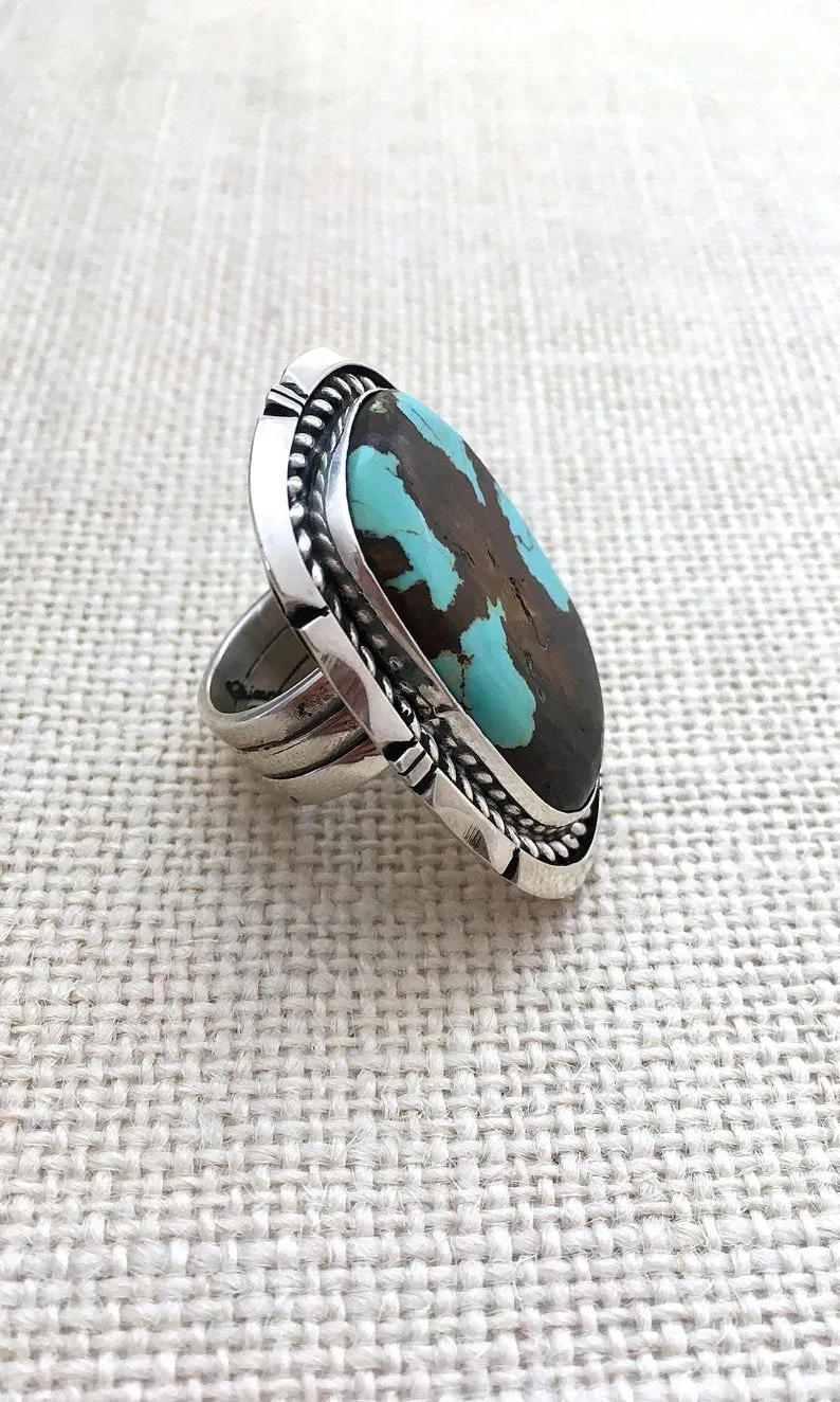 RING It ON Navajo ES Large Statement Sterling Silver and Turquoise Ring, Size 8