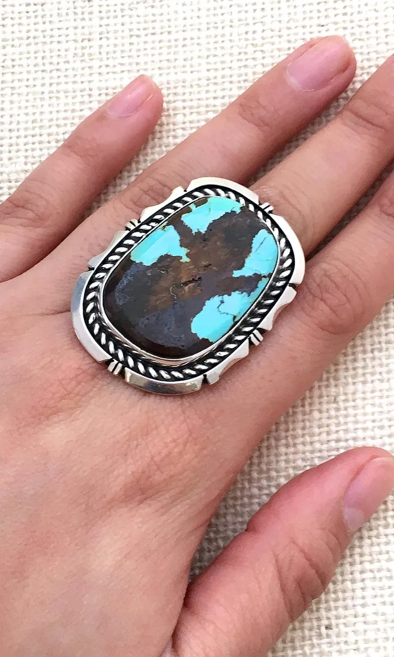 RING It ON Navajo ES Large Statement Sterling Silver and Turquoise Ring, Size 8