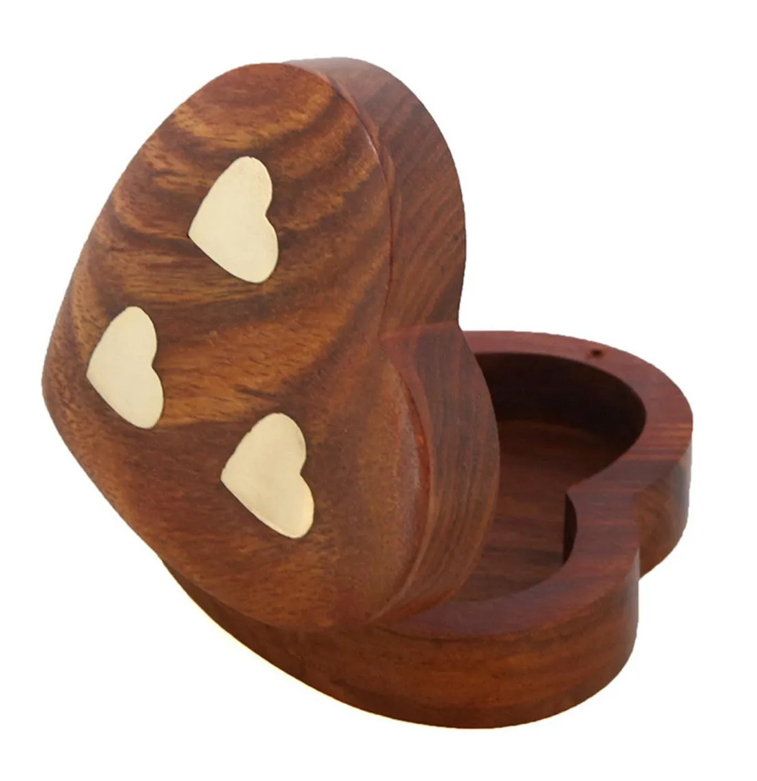 ShalinIndia Handmade Heart Shaped Wooden Jewelry Box With 3 Hearts - 3.5x3.5x 1 Inch -Sheesham Wood Brass